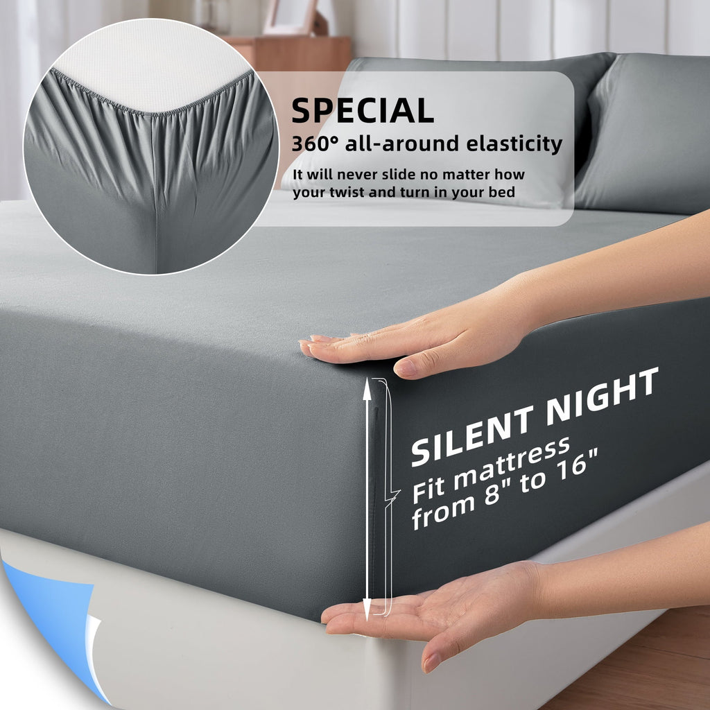 Wrinkle-Resistant Shilucheng 4 Pieces Luxury Bed Sheets Set, Plush Microfiber Bed Sheets, 16" Deep Pocket, Queen, Dark Gray - Luxury Bed Sheet Set with Deep Pockets Detail