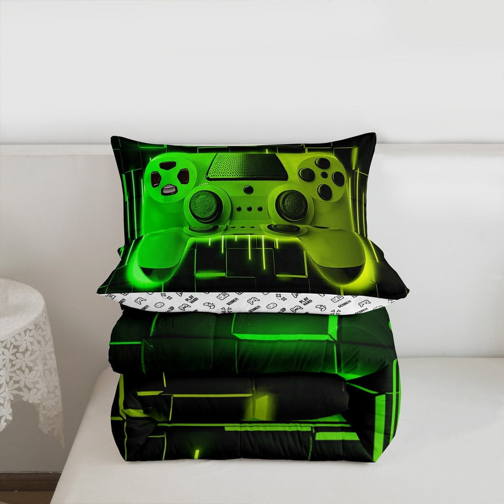 Hypoallergenic Cloud Green Yellow Gaming Full Size Comforter Sets - Gamer Comforter Full Size Bedding Set, Neon Lights Abstract Geometry D... - Luxurious Quilted Duvet Cover Set Detail