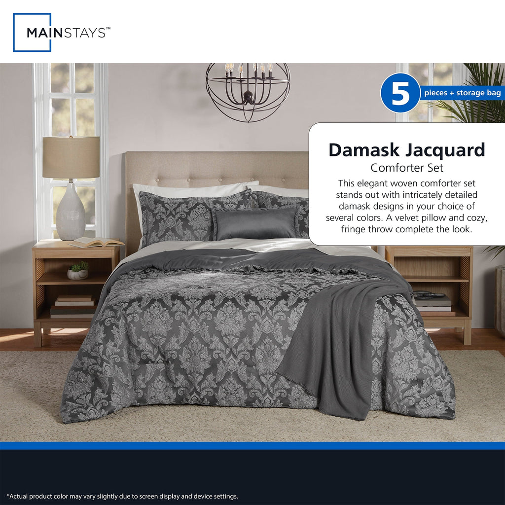 All-Season Full/Queen Comforter Set, All-Season, 5-Piece, Grey Jacquard Damask - Luxurious Quilted Duvet Cover Set Detail