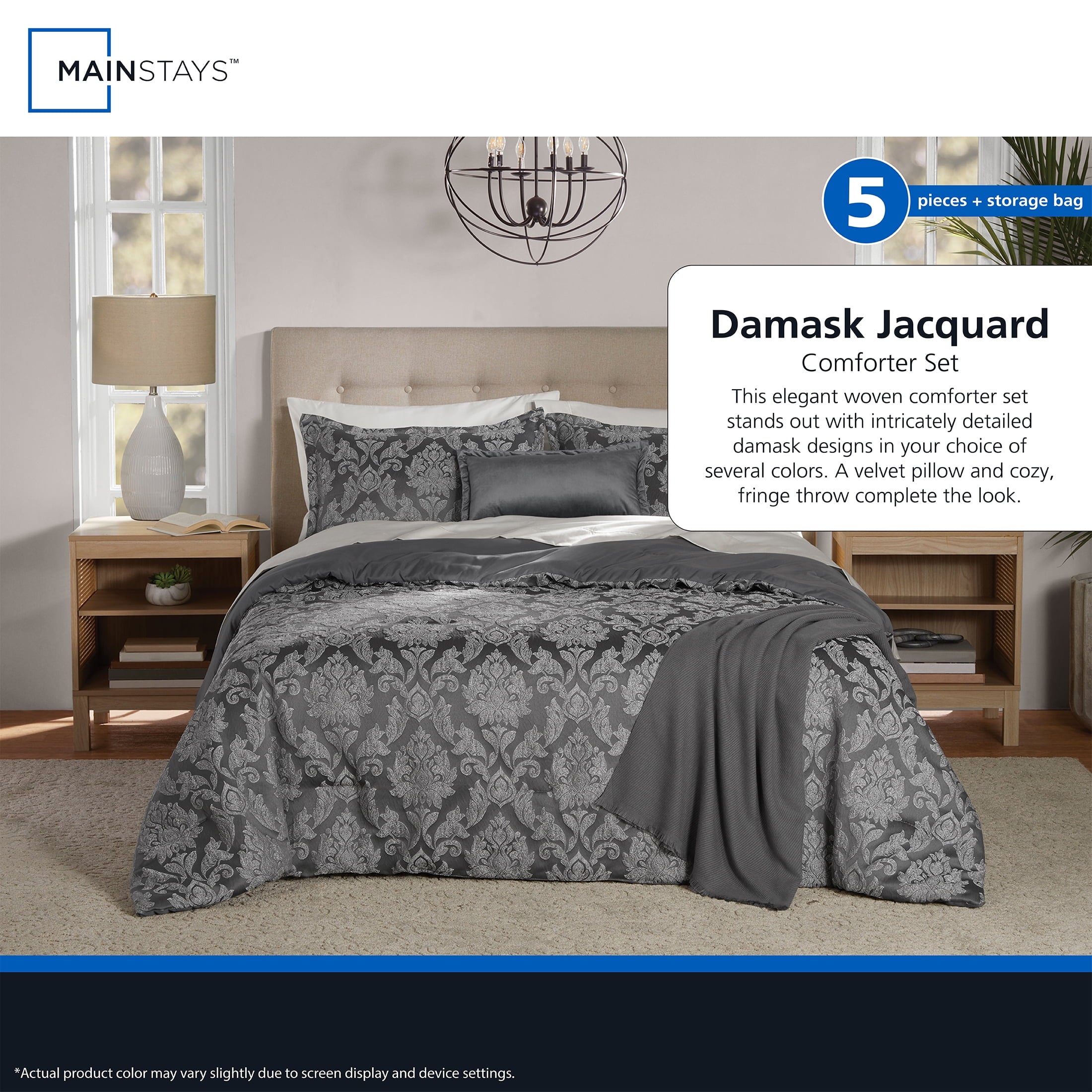 All-Season Full/Queen Comforter Set, All-Season, 5-Piece, Grey Jacquard Damask - Luxurious Quilted Duvet Cover Set Detail