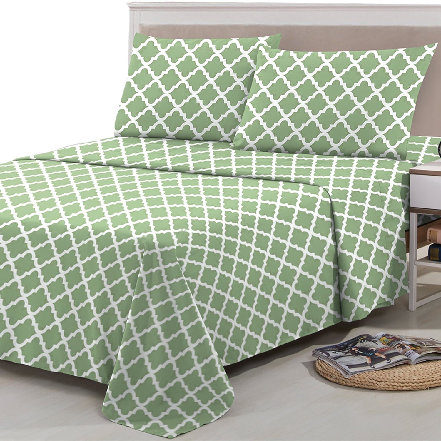 Premium Egyptian Cotton Quatrefoil Bed Sheet Set (King, Sage/White) 4 Piece Deep Pocket 1800 Series Microfiber Bed Sheet Set Contains 1 Fitte... - Cooling Hotel Quality Bedding Sheets and Pillowcases Detail