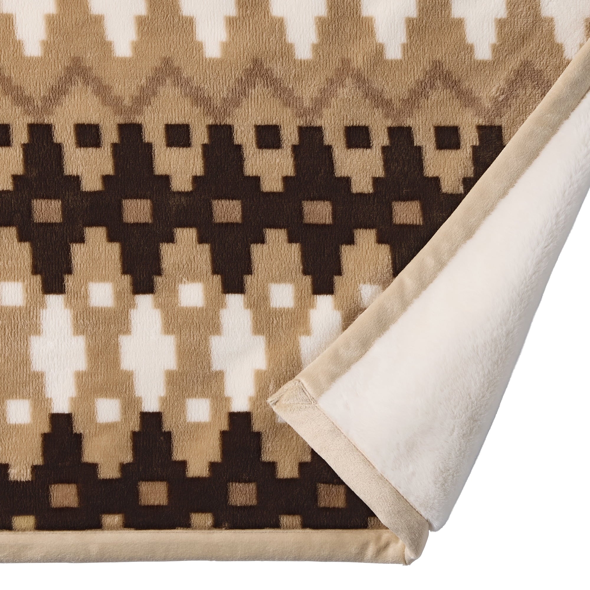 Decorative Knitted Printed Velvet Plush Reverse to Faux Fur Super Soft Throw Blanket, Oversized, Linder Border Beige - Super Soft Reversible Sherpa Flannel Blanket Detail