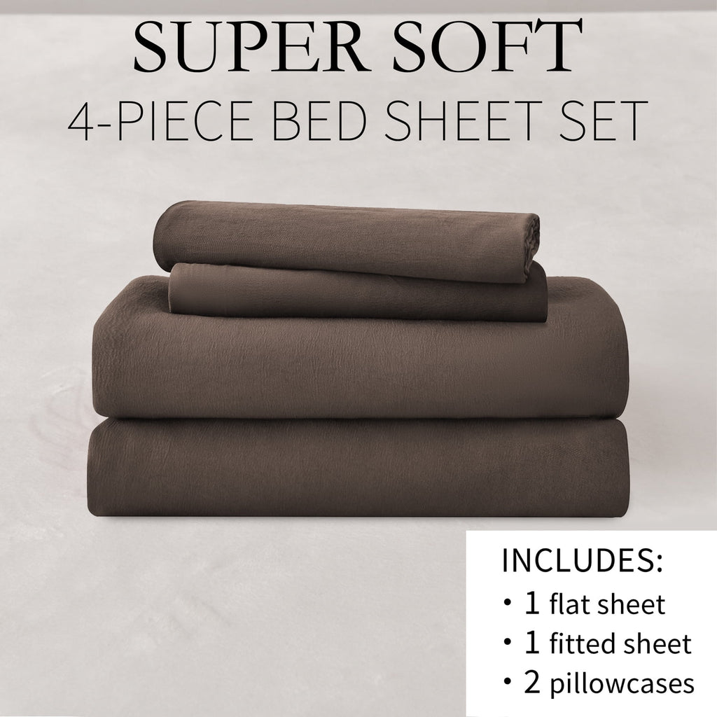 Premium Egyptian Cotton Bed Sheets Set 4 Piece Queen/Full Sheet Set Brown Gray Cotton Blend Fitted Sheet, Flat Sheet & 2 Pillowcases Bedding Set - Luxury Bed Sheet Set with Deep Pockets Detail