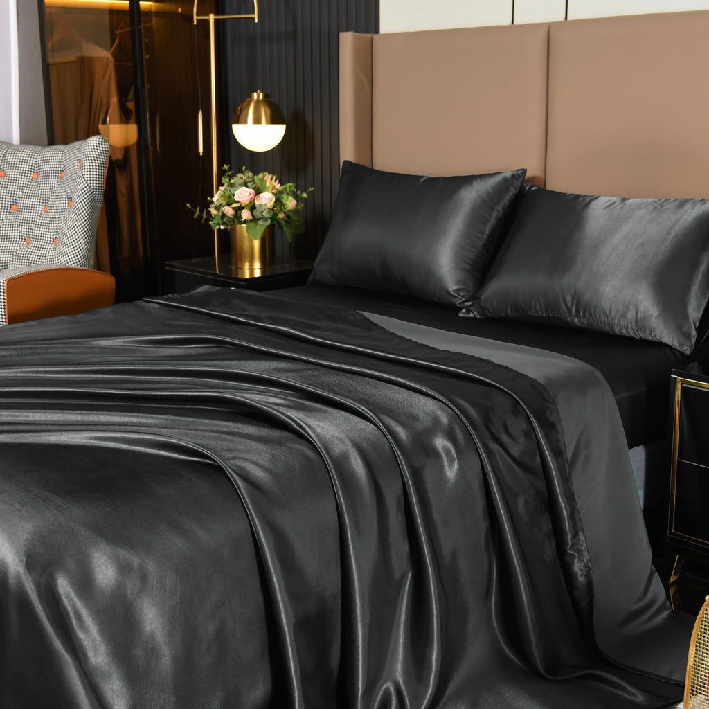 Premium Egyptian Cotton Satin Sheets Full Black Luxury Silky Bed Sheets 1800 Microfiber Sheet Set 4 Pcs - Premium Ultra-Soft Pillowcase Pair for Sleeping Detail