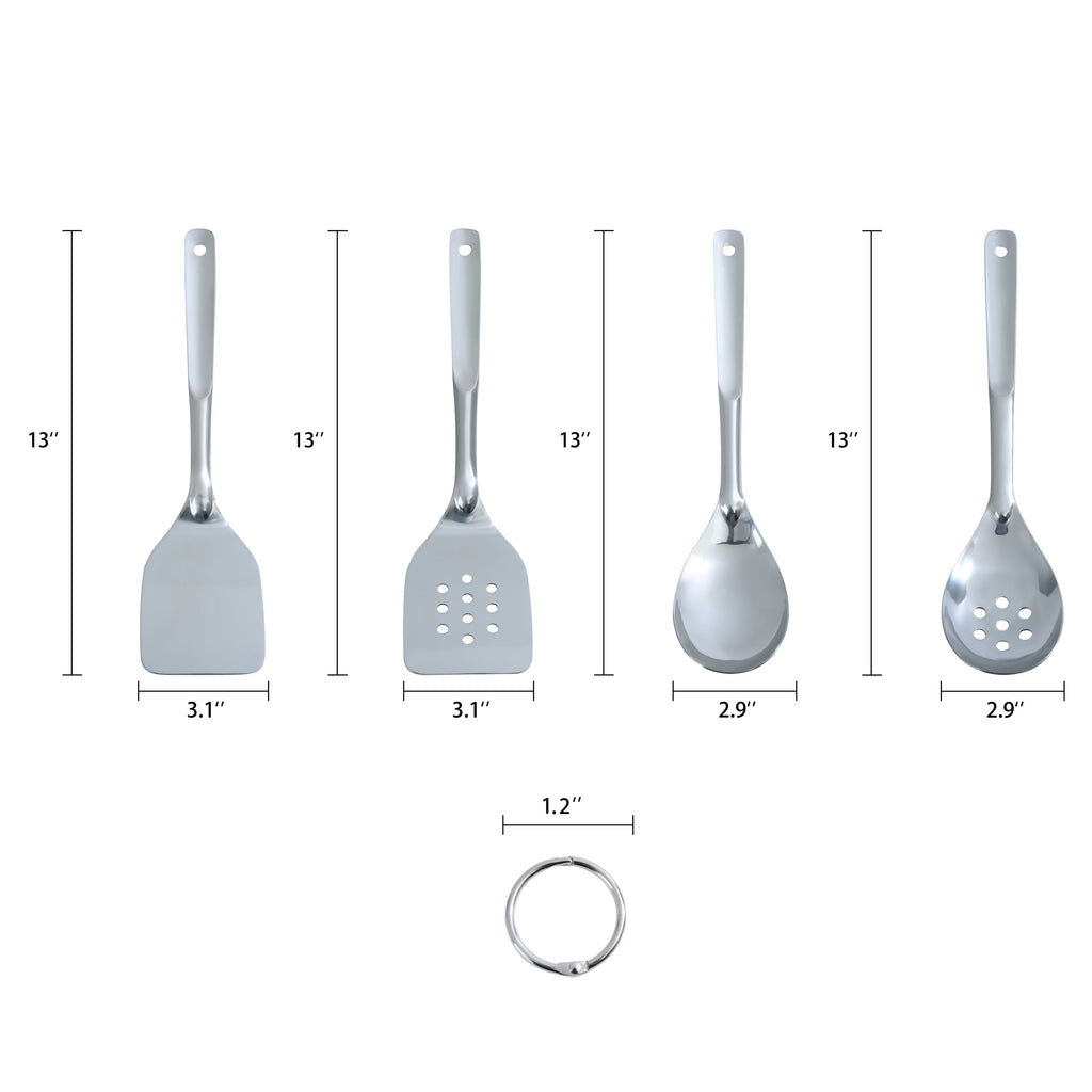 Durable Steel Stainless Steel 4-Piece Utensil Set: Includes Spatula, Slotted Spatula, Spoon, and Slotted Spoon - Professional Kitchen Tool for Culinary Enthusiasts Detail