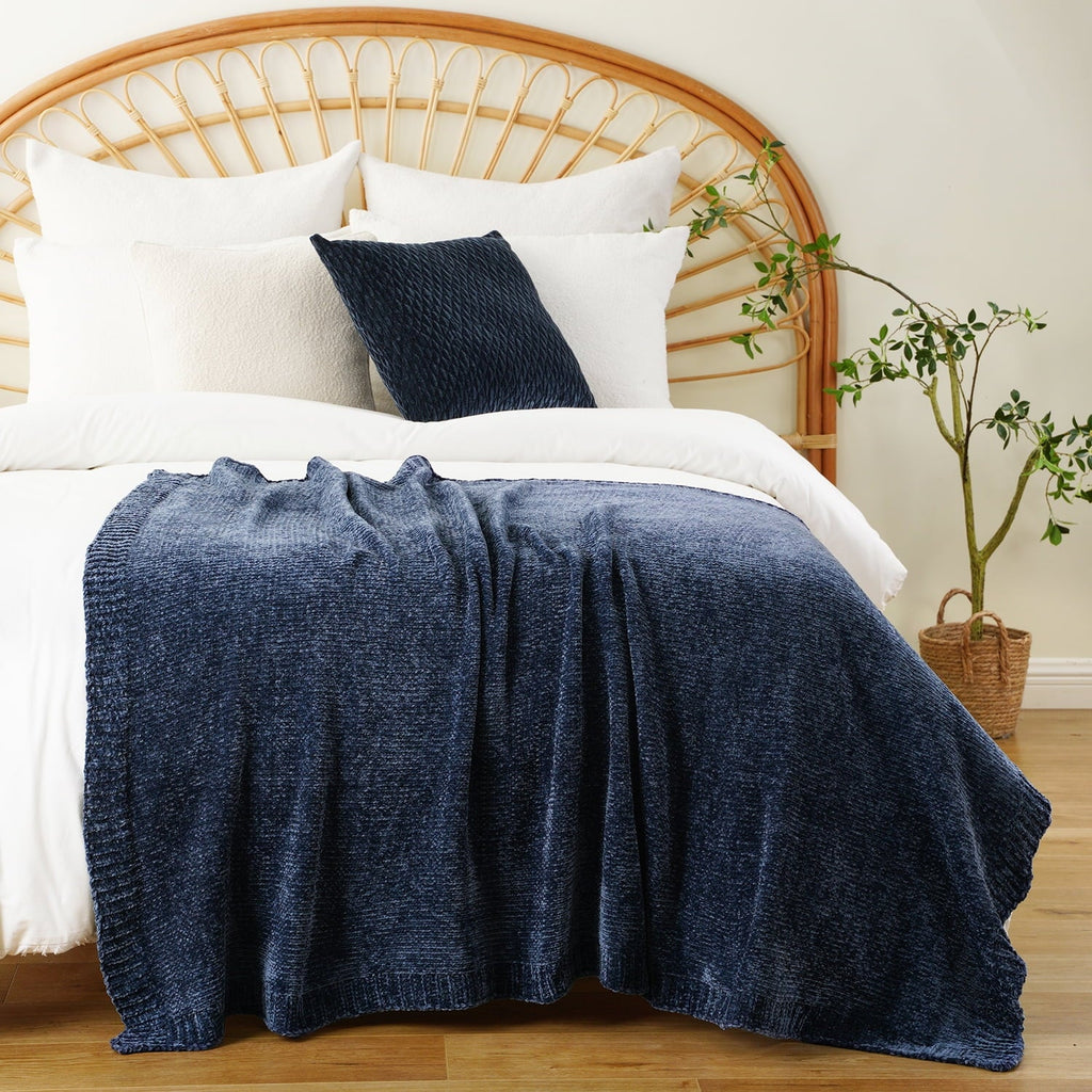 Reversible Sherpa Navy Blue Chenille Throw for Couch Bed,Soft Navy Knit Blanket, Housewarming Gifts, 51"x 67" - Luxury Knitted Decorative Throw Blanket with Fringes Detail