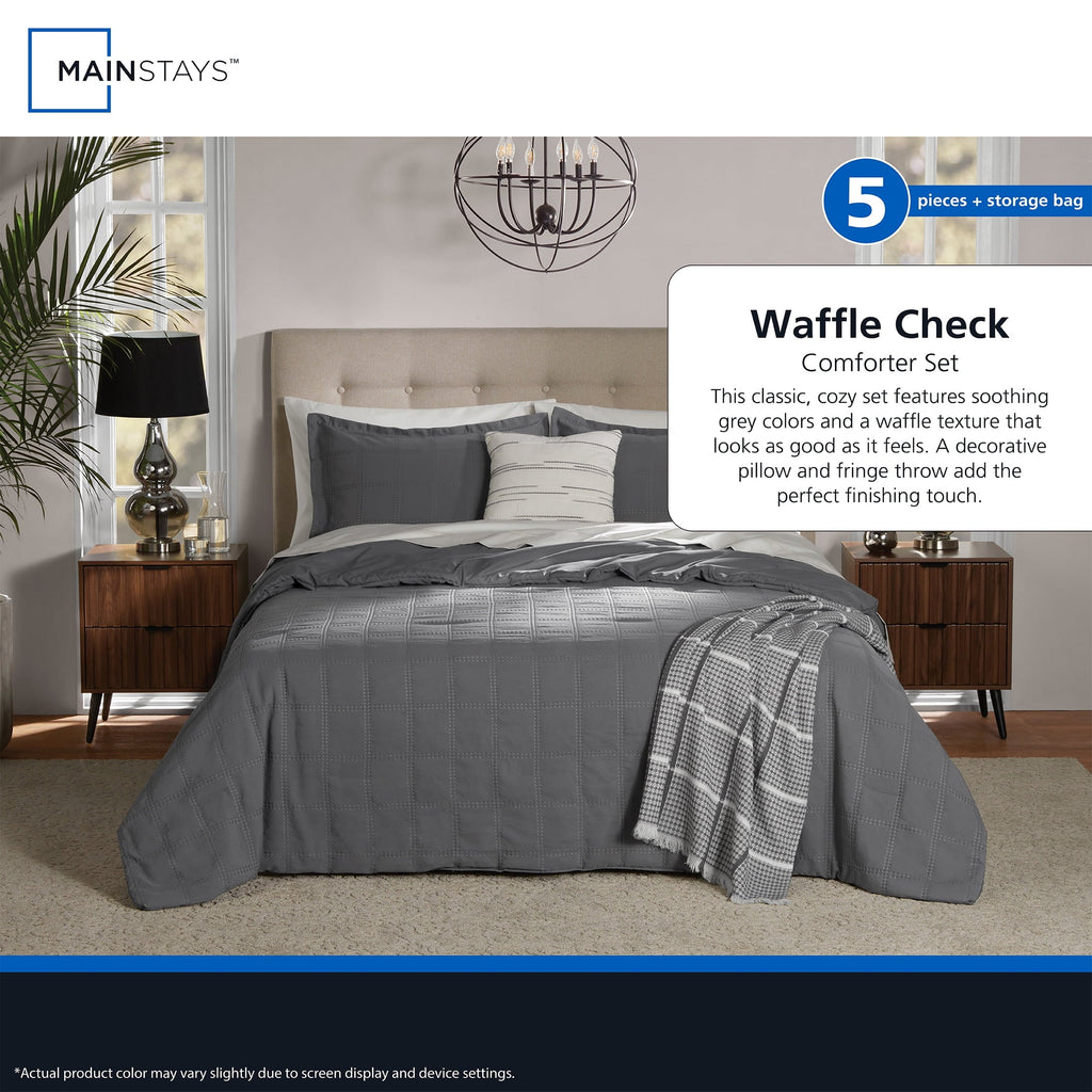 Heavyweight Warmth Full/Queen Comforter Set, All-Season, 5-Piece, Grey Waffle Check - Hypoallergenic Ultra-Fluffy Quilt for Winter Detail
