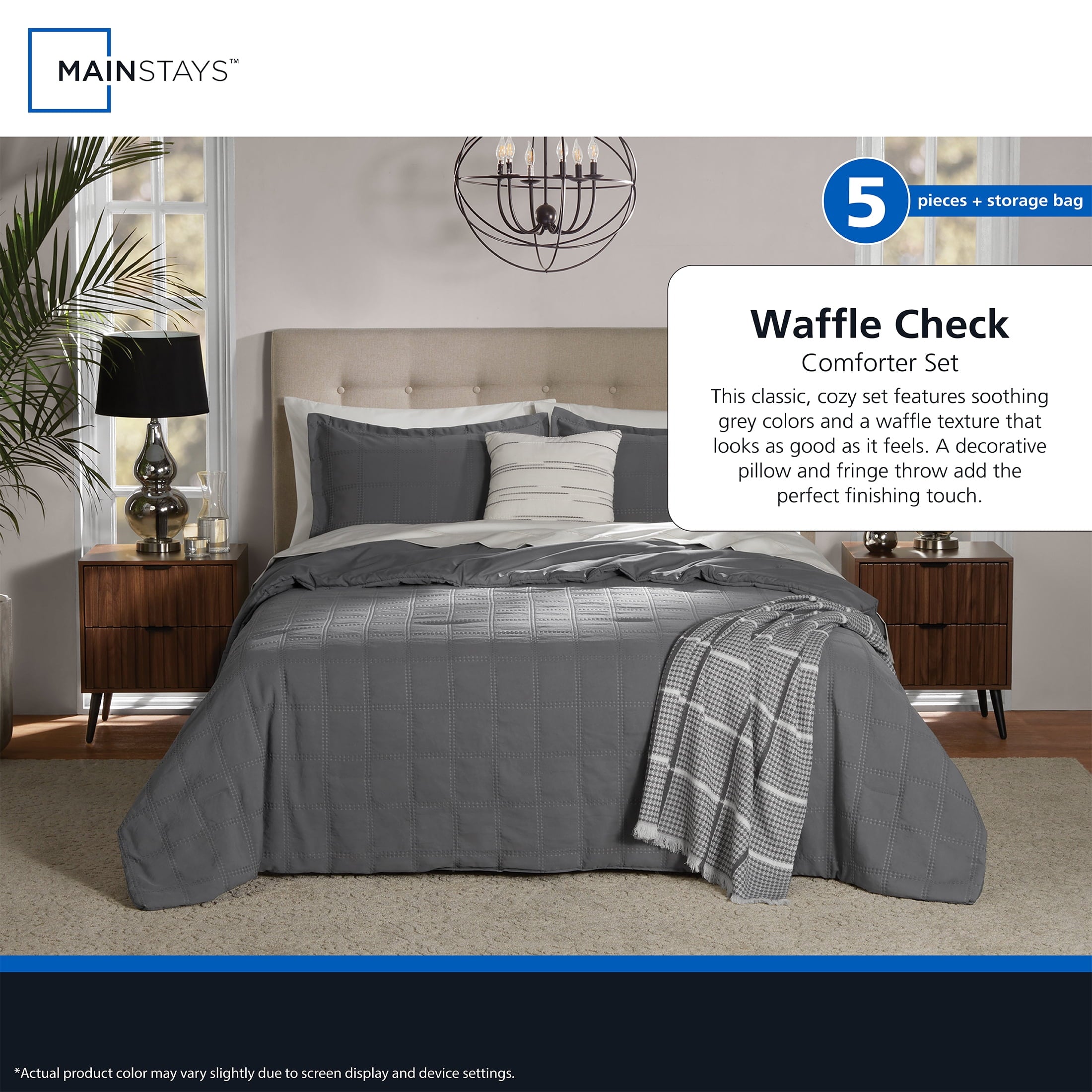 Heavyweight Warmth Full/Queen Comforter Set, All-Season, 5-Piece, Grey Waffle Check - Hypoallergenic Ultra-Fluffy Quilt for Winter Detail