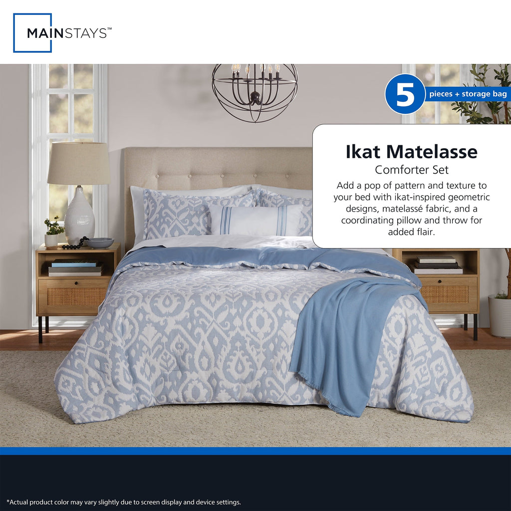Luxurious Quilted Full/Queen Comforter Set, All-Season, 5-Piece, Blue Matelasse Ikat - Luxurious Quilted Duvet Cover Set Detail