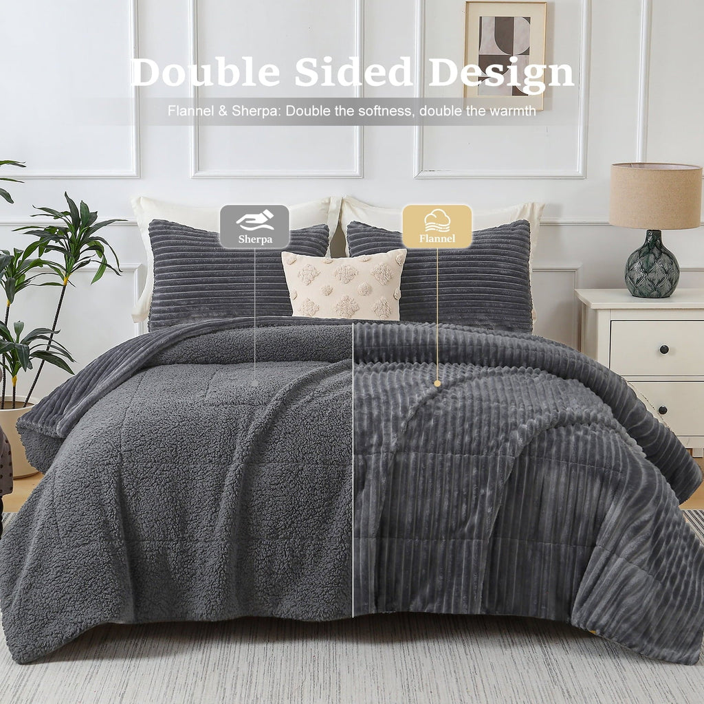 Hypoallergenic Cloud 3 Piece Fleece Queen Comforter Set - Soft & Warm Fluffy Dark Gray Sherpa Bedding , Fuzzy Heavy Double Sided Design Wi... - Cloud-Like Soft Lightweight Bed Comforter Detail