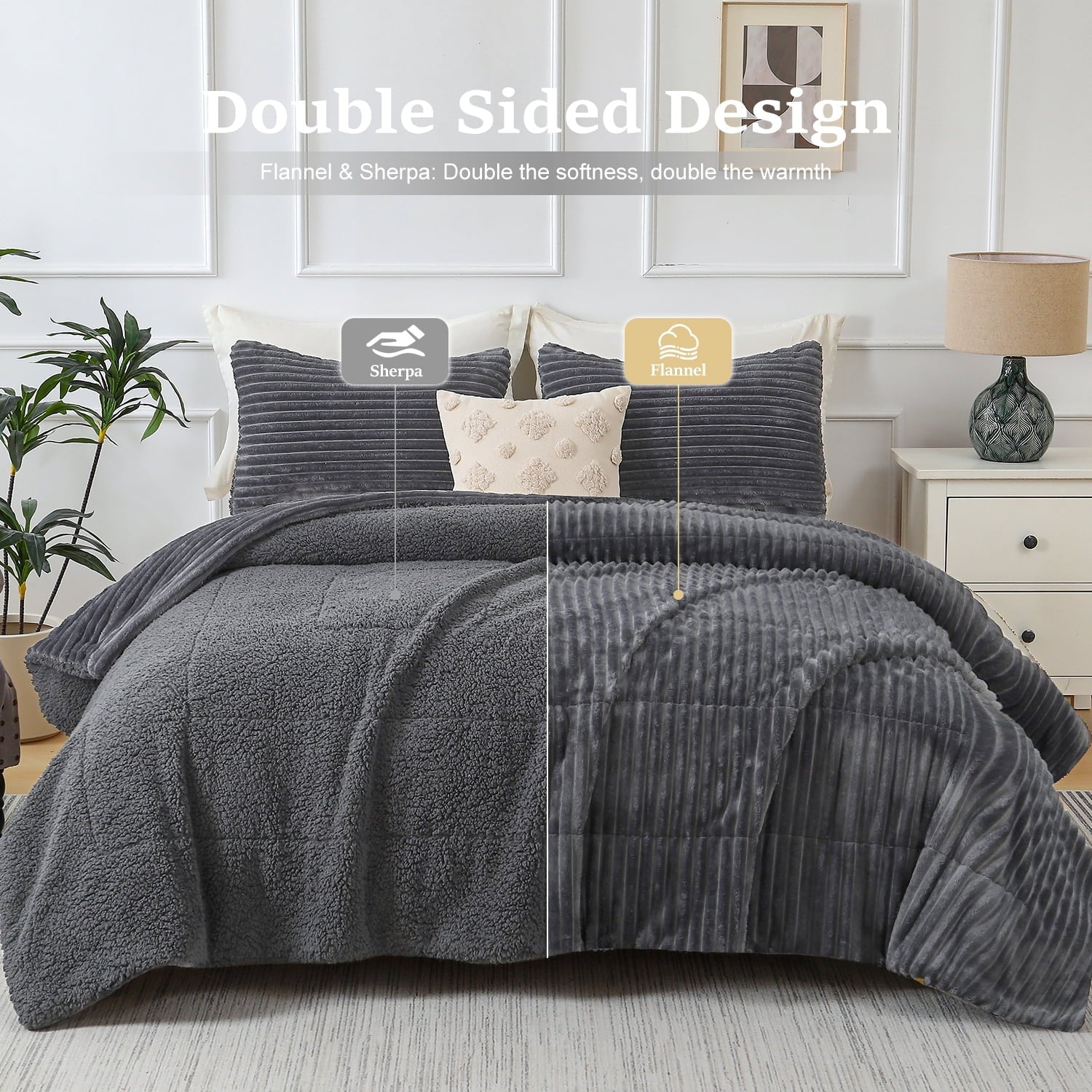 Hypoallergenic Cloud 3 Piece Fleece Queen Comforter Set - Soft & Warm Fluffy Dark Gray Sherpa Bedding , Fuzzy Heavy Double Sided Design Wi... - Cloud-Like Soft Lightweight Bed Comforter Detail