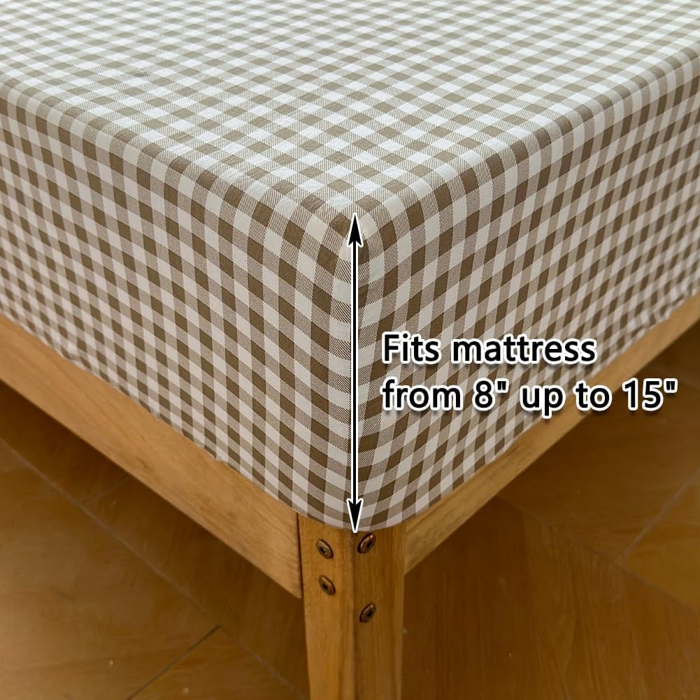 Cooling Sateen Tan Gingham Ruffle Queen Sheet Set, Taupe Soft Pre-Washed Microfiber Plaid Ruffled Queen Bed Sheets, 4-Pieces Farmhou... - Luxury Bed Sheet Set with Deep Pockets Detail