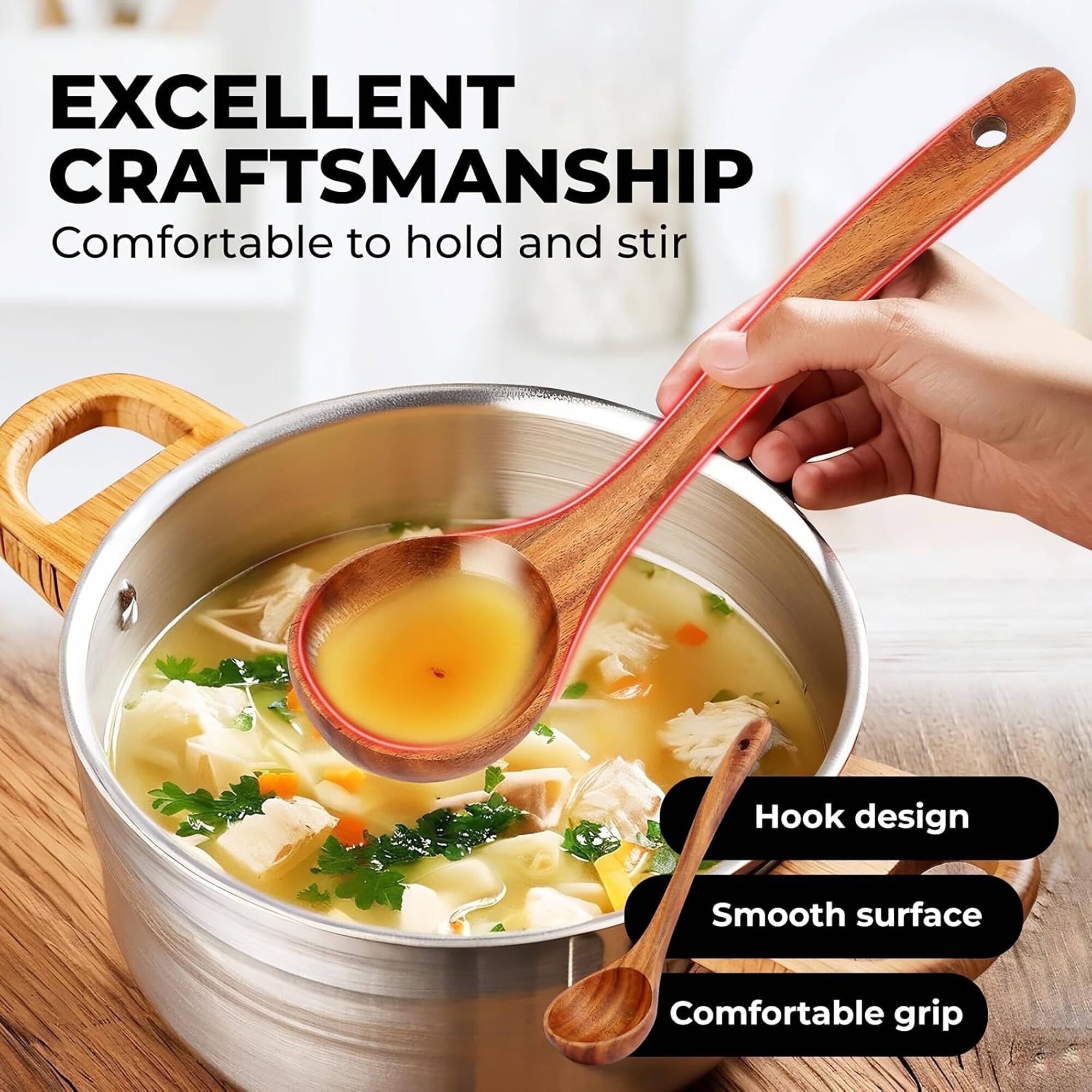 Heat-Resistant 6-Piece Natural Teak Wooden Spoons for Cooking With 10 Hooks，Handcrafted Kitchen Utensils Set ，Ideal Gift Set - Premium Stainless Steel Cooking Utensil for Non-Stick Pots Detail