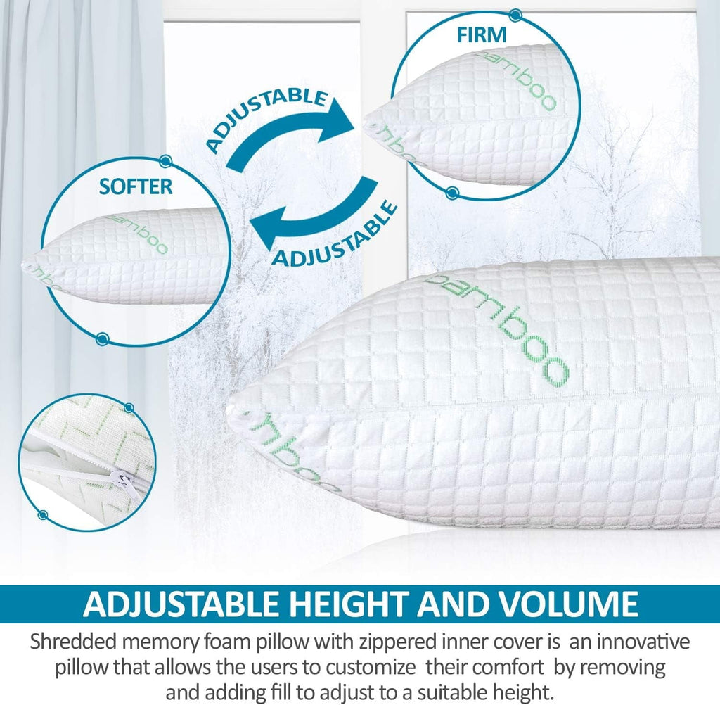 Decorative Plump Queen Size Bamboo Pillow, Memory Foam Bed Pillows with Washable Pillowcases, Queen - Decorative Throw Pillow Cushion for Sofa & Bed Detail