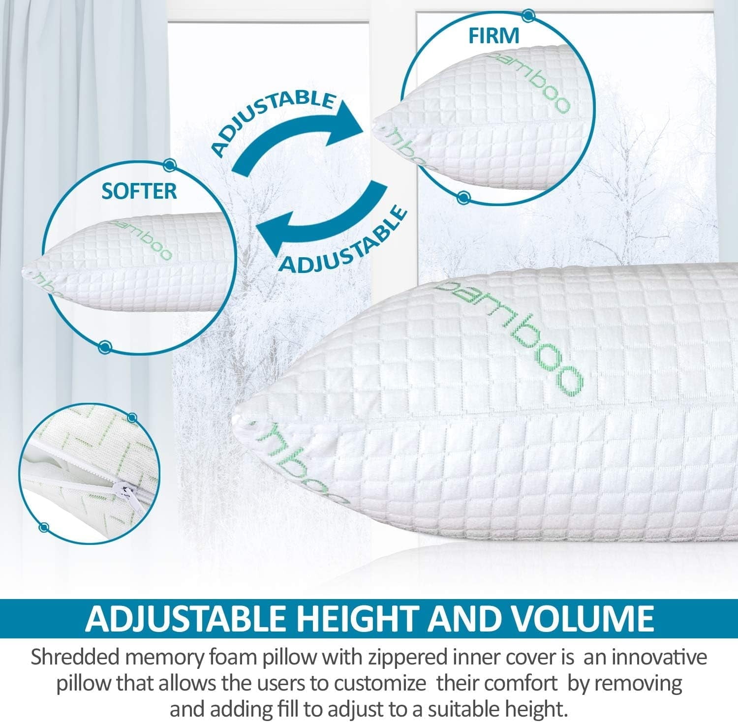 Decorative Plump Queen Size Bamboo Pillow, Memory Foam Bed Pillows with Washable Pillowcases, Queen - Decorative Throw Pillow Cushion for Sofa & Bed Detail