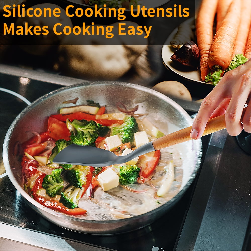 Non-Stick Safe Silicone Wooden Heat Resistant Kitchen Utensil Set, 12 pcs - Ergonomic Kitchen Tongs and Cooking Spoon Utensil Detail