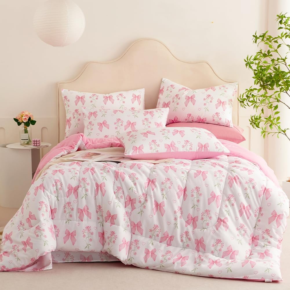 Luxurious Quilted Pink Bowknot Girls Comforter Set Twin Size, 3 Pieces Bows Princess Style Bedding Set for Girls for All Season - Cloud-Like Soft Lightweight Bed Comforter Detail