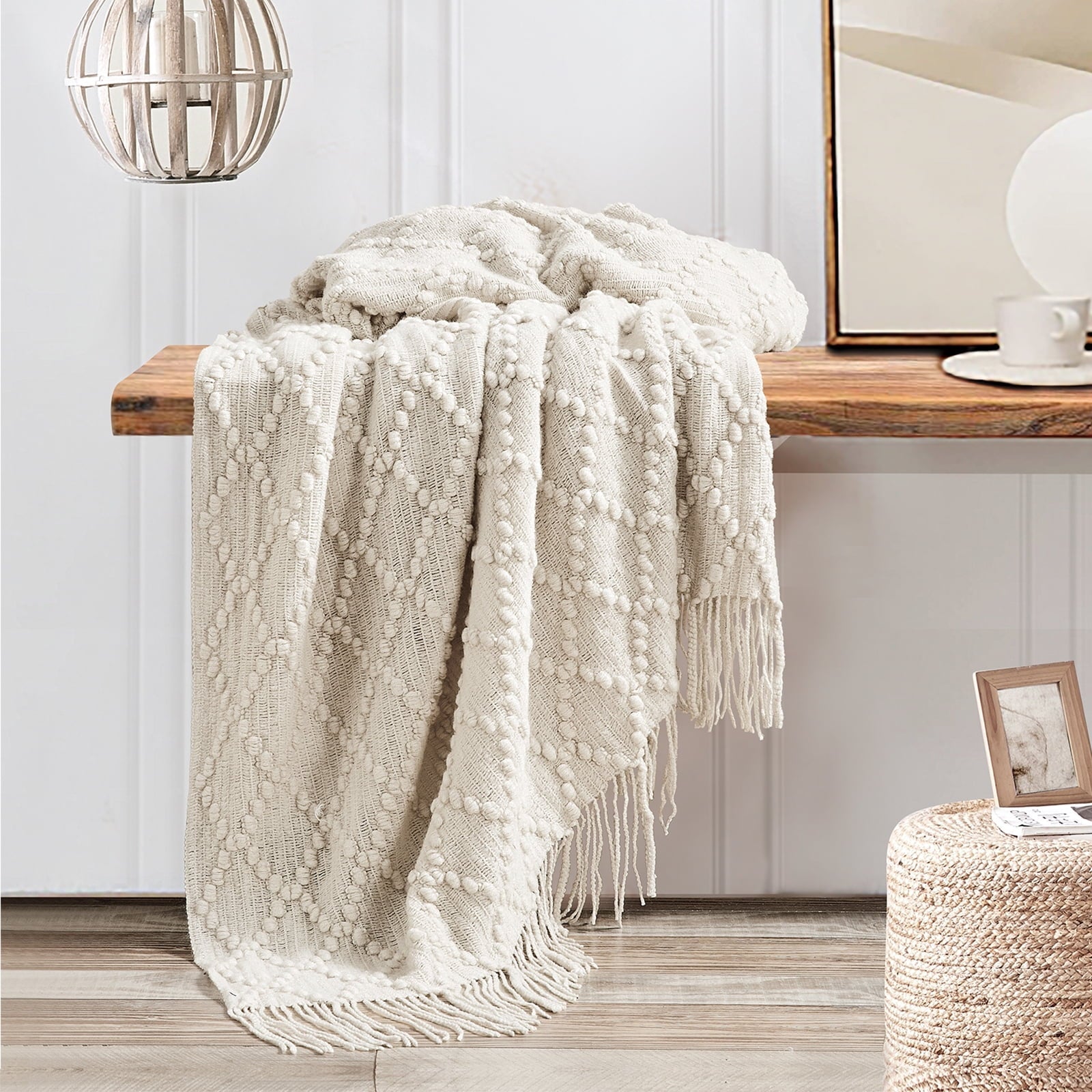 Reversible Sherpa Texture Pure Color Soft Throw Blanket and Sofa Or Bed Knitted Decorative Blanket 50 x70 inches Jacquard Diamond Beige... - Super Soft Reversible Sherpa Flannel Blanket Detail