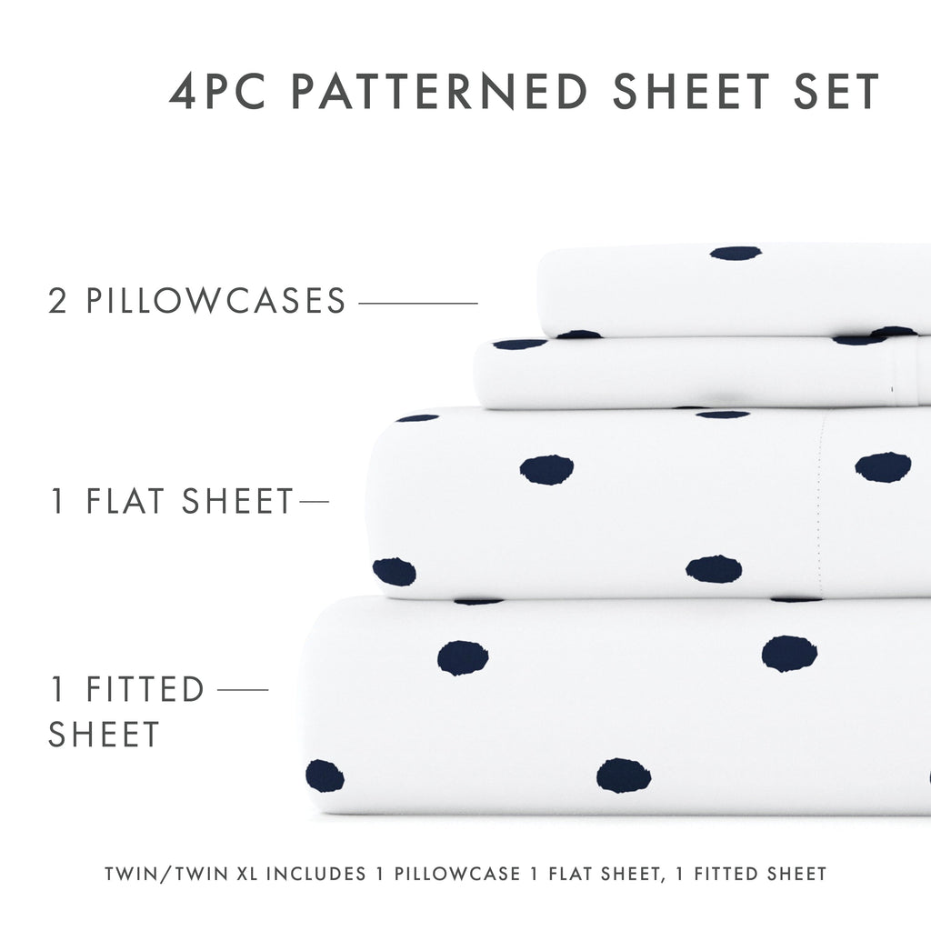 Ultra-Soft 4 Piece Pattern Microfiber Bed Sheets Set, Navy Dots, California King - Luxury Bed Sheet Set with Deep Pockets Detail