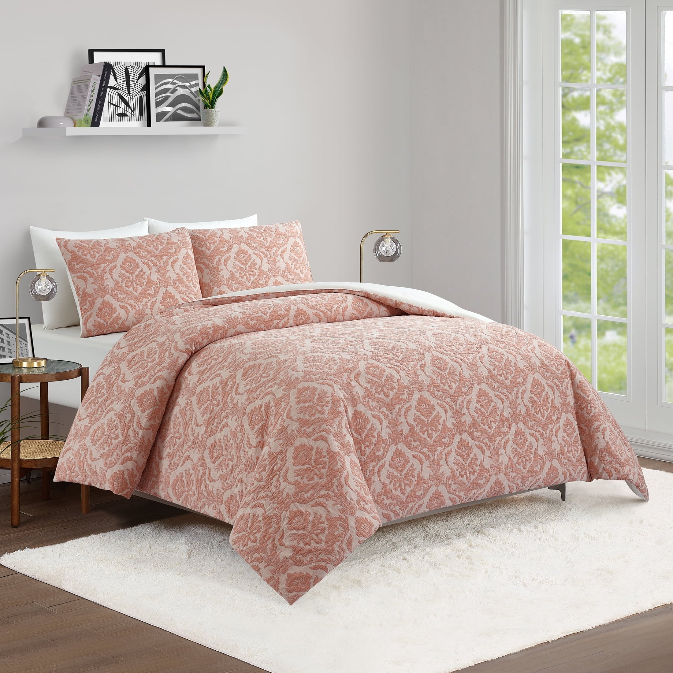 Fluffy Down Alternative Woven Damask 2-Piece Comforter Set, Blush, Full Queen, All Ages - Luxurious Quilted Duvet Cover Set Detail