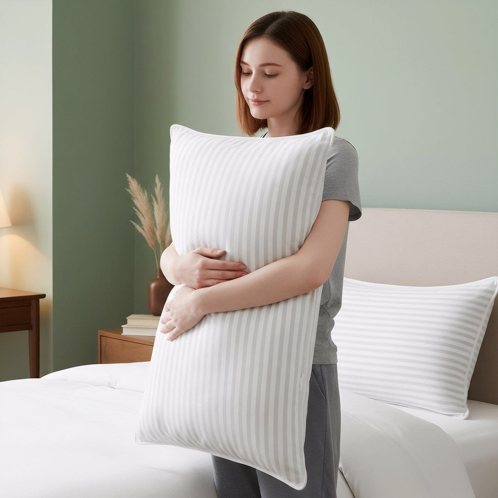 Orthopedic Support Bed Pillow with White Stripes - Set of 2 - Ultra Cozy & Relaxing For Adults, (Queen, 28"L x 20" W) - Hotel Quality Plush Sleeping Pillows Detail