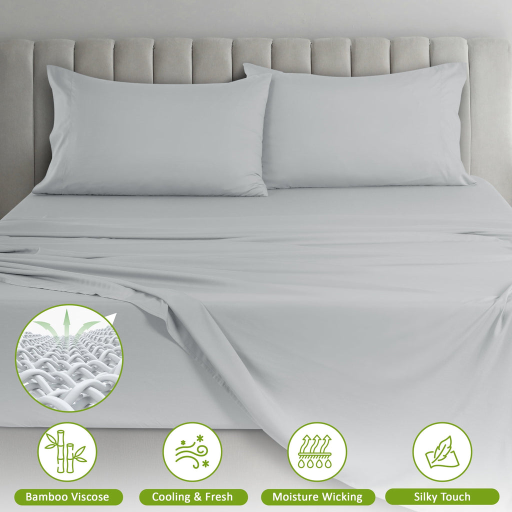Ultra-Soft Rayon - 4 Piece Cooling Bed Sheets Set, Gray - Premium Ultra-Soft Pillowcase Pair for Sleeping Detail