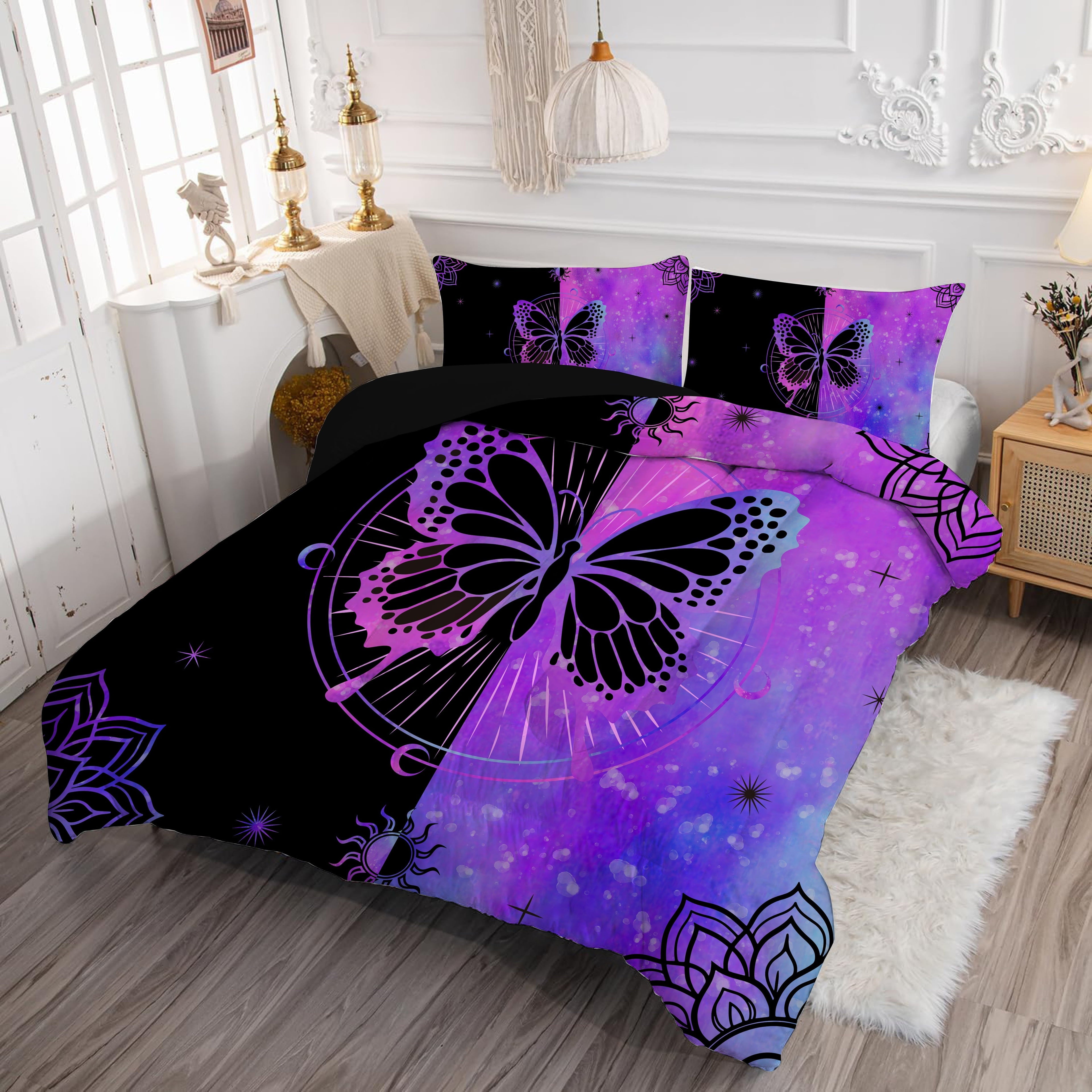 Luxurious Quilted Butterfly Comforter Set Full Size for Girls Kids Teens Black Blue Purple Tie Dye Bedding Set 3 Pieces - All-Season Down Alternative Comforter Insert Detail