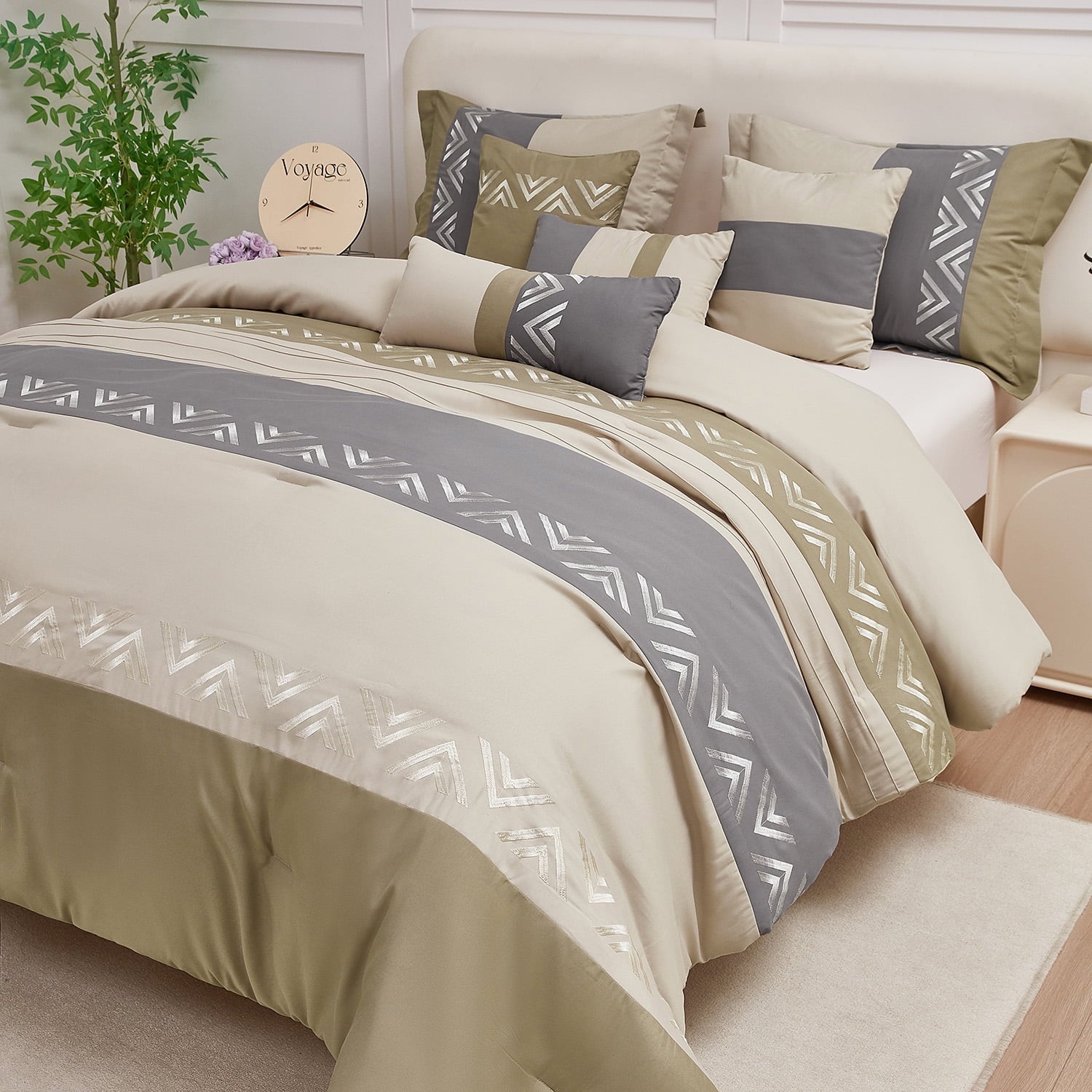 Fluffy Down Alternative 7 Piece Embroidery Design Bed-in-a-Bag, Taupe Queen Size Ultra Soft Comforter Set for Adults - Hypoallergenic Ultra-Fluffy Quilt for Winter Detail