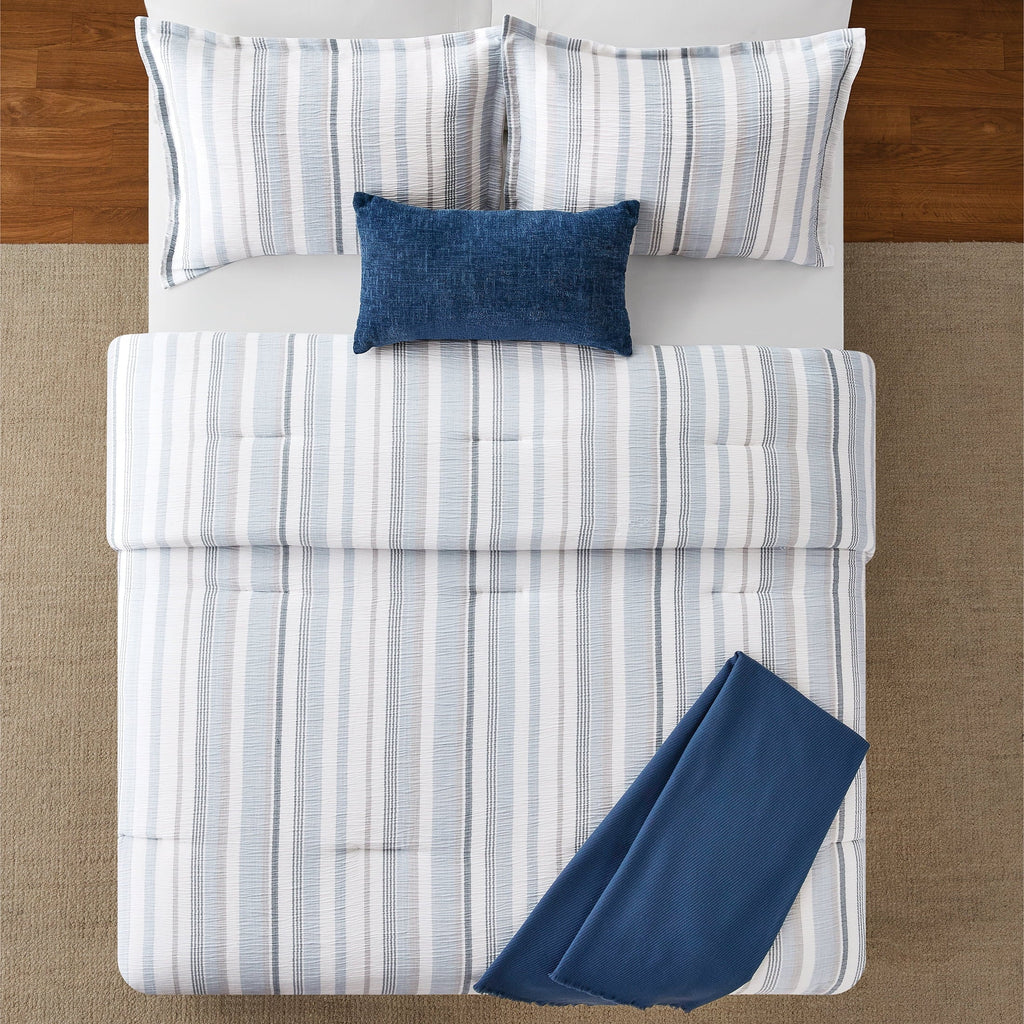 Heavyweight Warmth Full/Queen Comforter Set, All-Season, 5-Piece, Blue Yarn Dyed Stripe - Luxurious Quilted Duvet Cover Set Detail