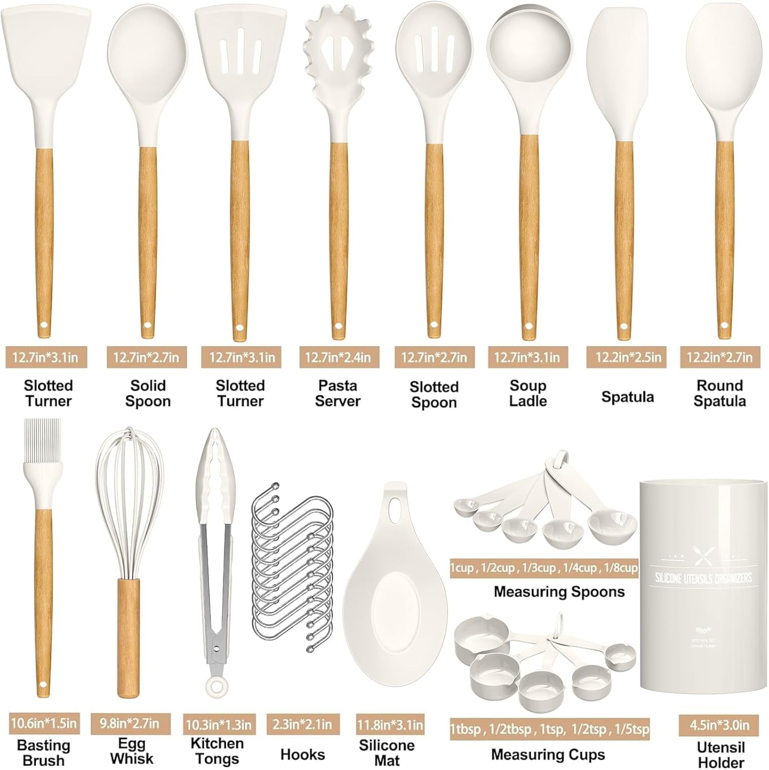 Non-Stick Safe Kitchen Cooking Utensils Set, 33 pcs Non-stick Silicone Cooking Kitchen Utensils Spatula Set with Holder, Wooden Hand... - Ergonomic Kitchen Tongs and Cooking Spoon Utensil Detail