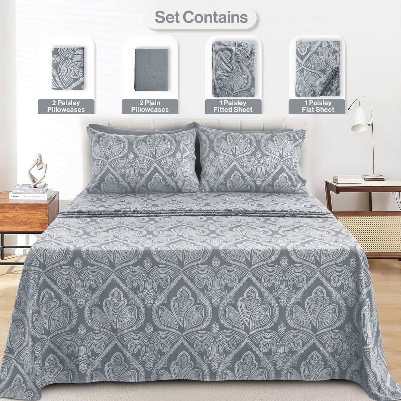 Cooling Sateen 6-Piece Bed Sheet Set, Deep Pocket Queen Sheets Up to 16 Inch, 1 Flat Sheet , 1 Fitted Sheet & 4 Pillowcases (Queen, ... - Premium Ultra-Soft Pillowcase Pair for Sleeping Detail