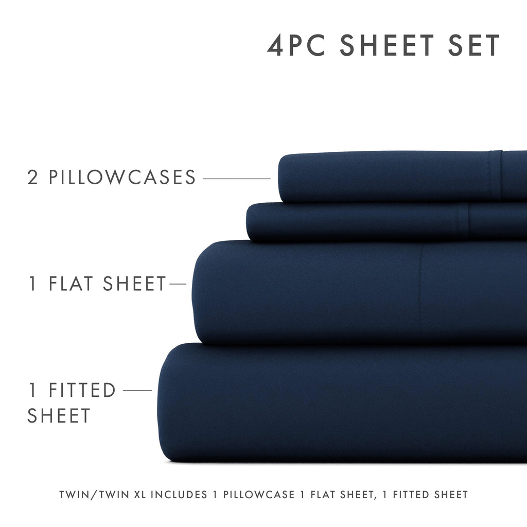 Wrinkle-Resistant 4 Piece Solid Microfiber Bed Sheet Set, Navy, Queen - Cooling Hotel Quality Bedding Sheets and Pillowcases Detail