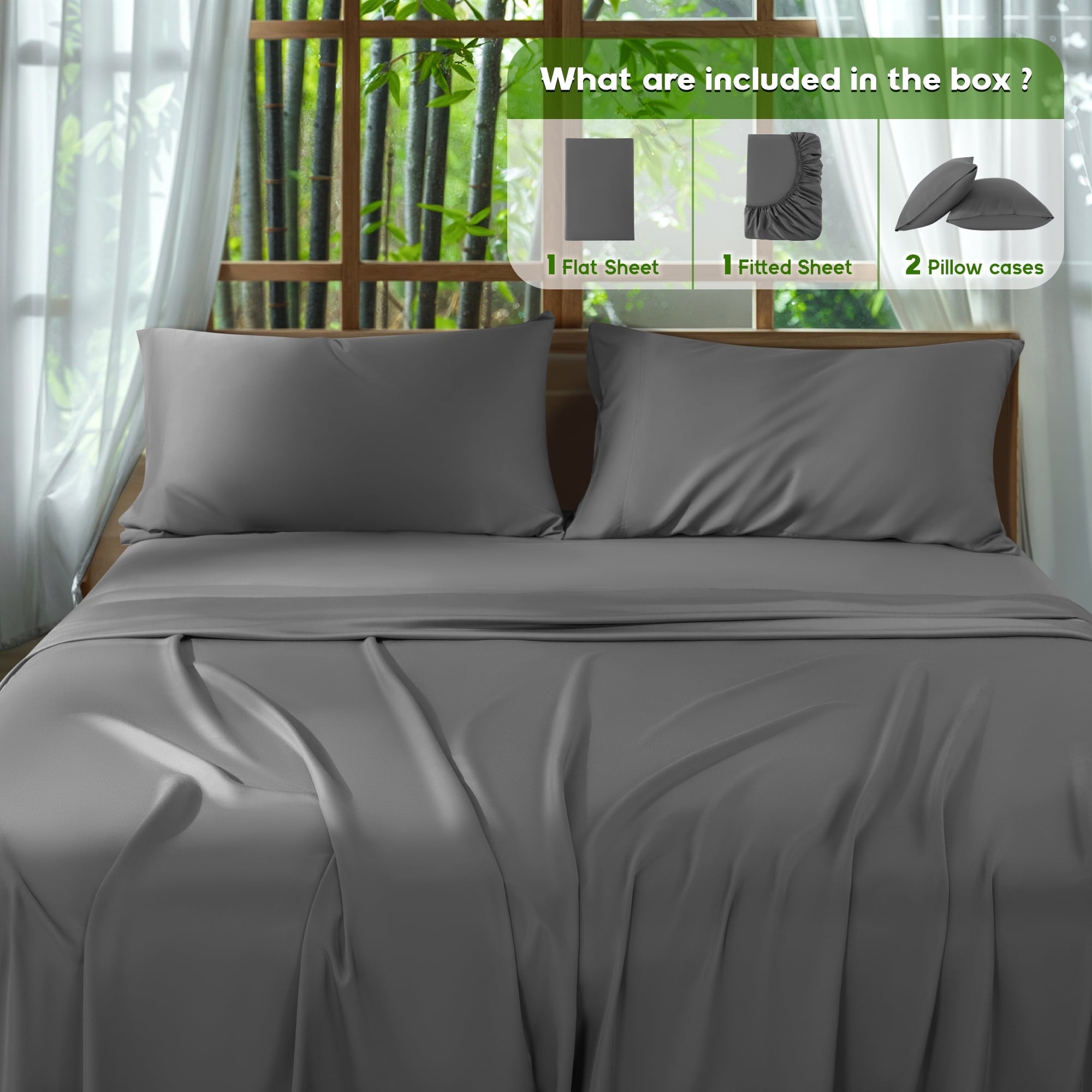 Wrinkle-Resistant Luxury Bamboo Bed Sheet Set - Deep Pockets - 4 Piece, Queen, Dark Gray - Premium Ultra-Soft Pillowcase Pair for Sleeping Detail