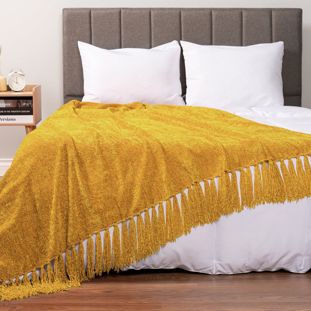 Lightweight Warm Mustard Yellow Chenille Throw Blanket for Couch, Soft Gold Knit Blanket with Tassel Fringe, Woven Chenille Knitted De... - Luxury Knitted Decorative Throw Blanket with Fringes Detail