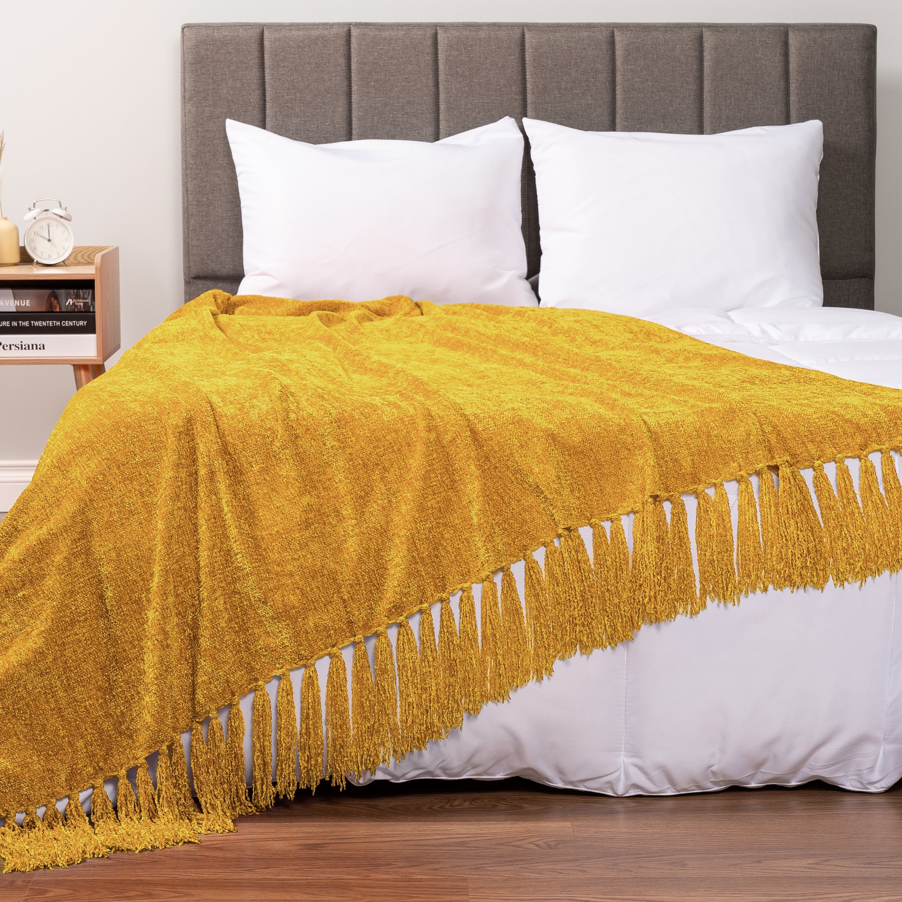Lightweight Warm Mustard Yellow Chenille Throw Blanket for Couch, Soft Gold Knit Blanket with Tassel Fringe, Woven Chenille Knitted De... - Luxury Knitted Decorative Throw Blanket with Fringes Detail