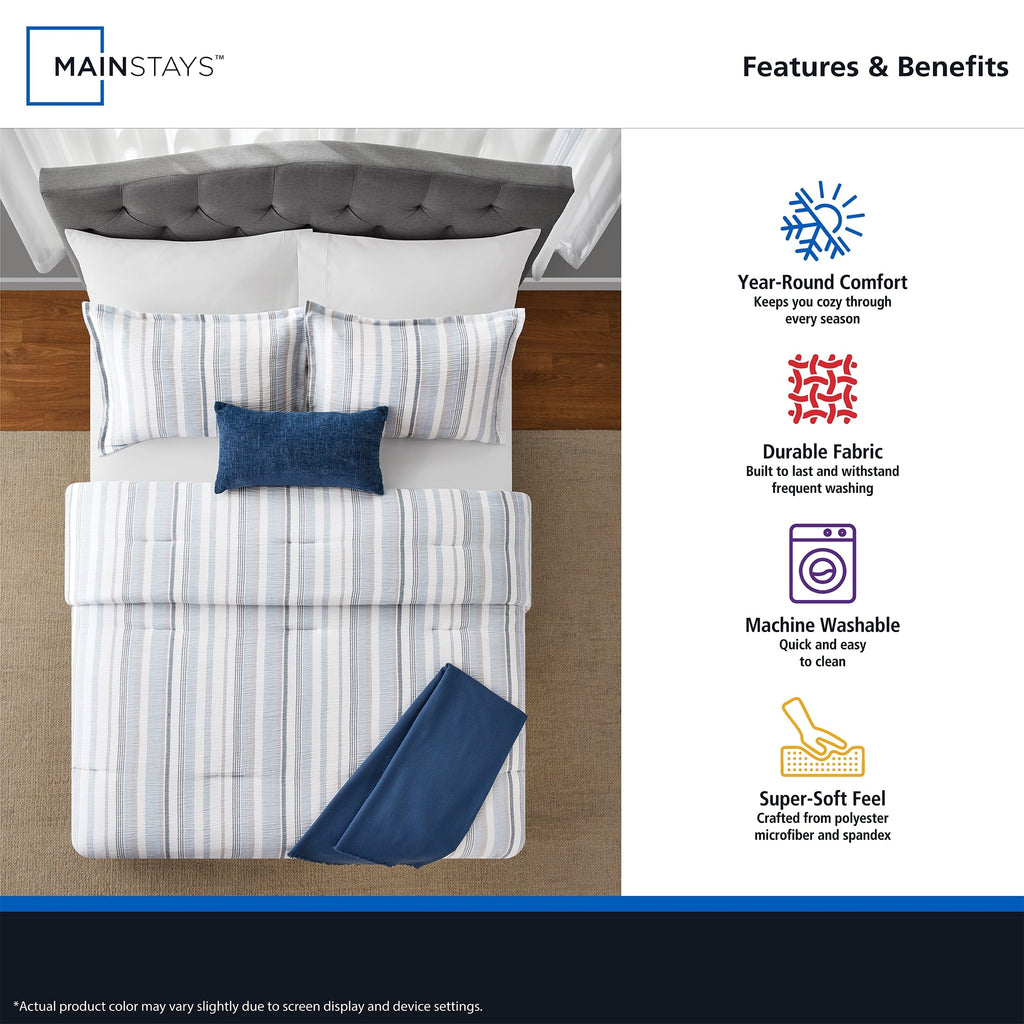 Heavyweight Warmth Full/Queen Comforter Set, All-Season, 5-Piece, Blue Yarn Dyed Stripe - Luxurious Quilted Duvet Cover Set Detail