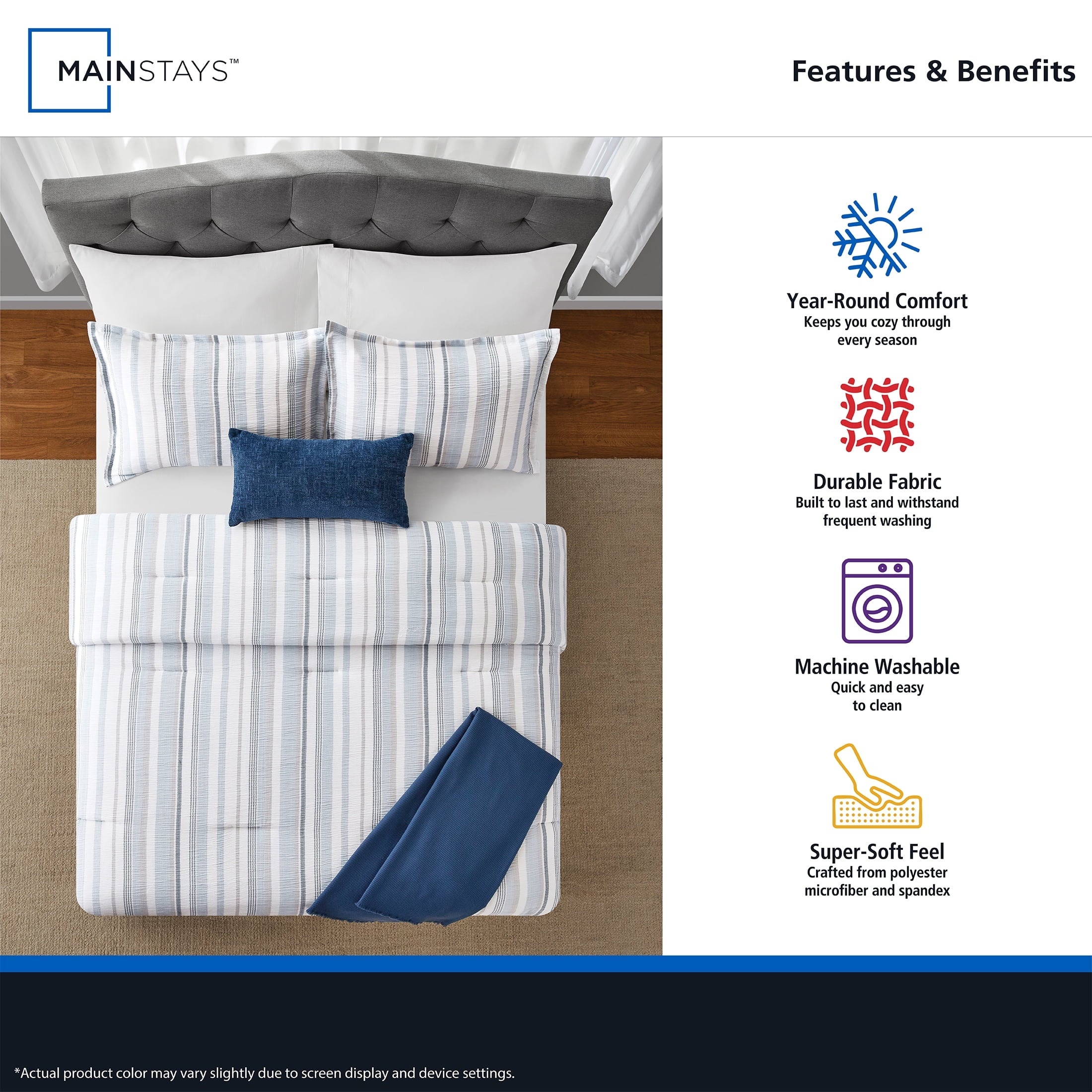 Heavyweight Warmth Full/Queen Comforter Set, All-Season, 5-Piece, Blue Yarn Dyed Stripe - Luxurious Quilted Duvet Cover Set Detail