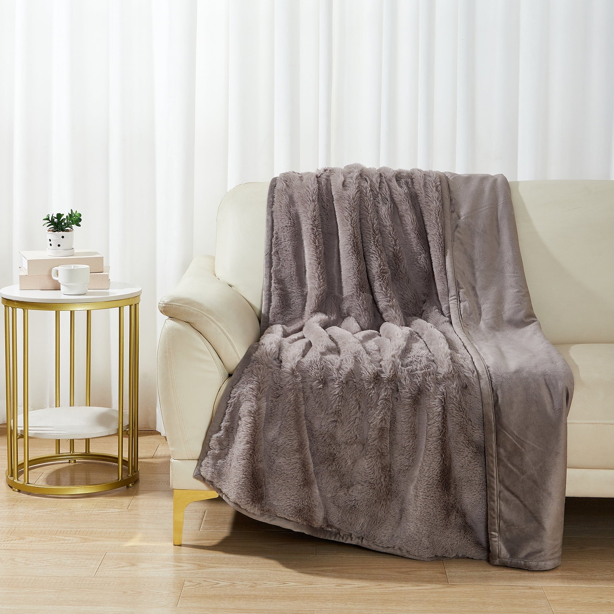 Reversible Sherpa Grey Faux Fur Ultra Soft Luxury Oversized Throw Blanket 50" x 72", Grey Bisque - Luxury Knitted Decorative Throw Blanket with Fringes Detail