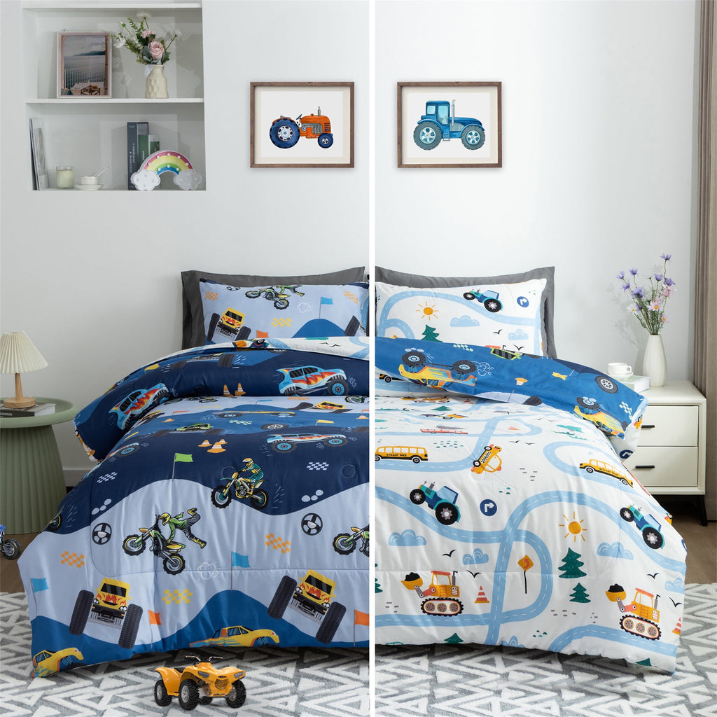 Fluffy Down Alternative 3Pcs Reversible Construction Truck Twin Comforter Set for Boys Kids Excavator Vehicle Motorcycle Bedding Set Blue - Luxurious Quilted Duvet Cover Set Detail
