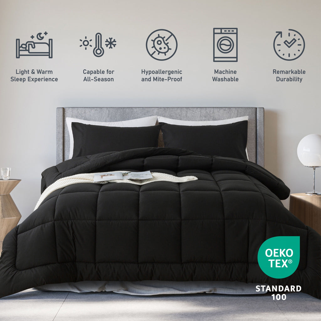 All-Season Queen Size 3-Piece All-Season Down Alternative Comforter Set Deep Black (Comforter and Pillowcase Bedding Set / bed i... - Luxurious Quilted Duvet Cover Set Detail