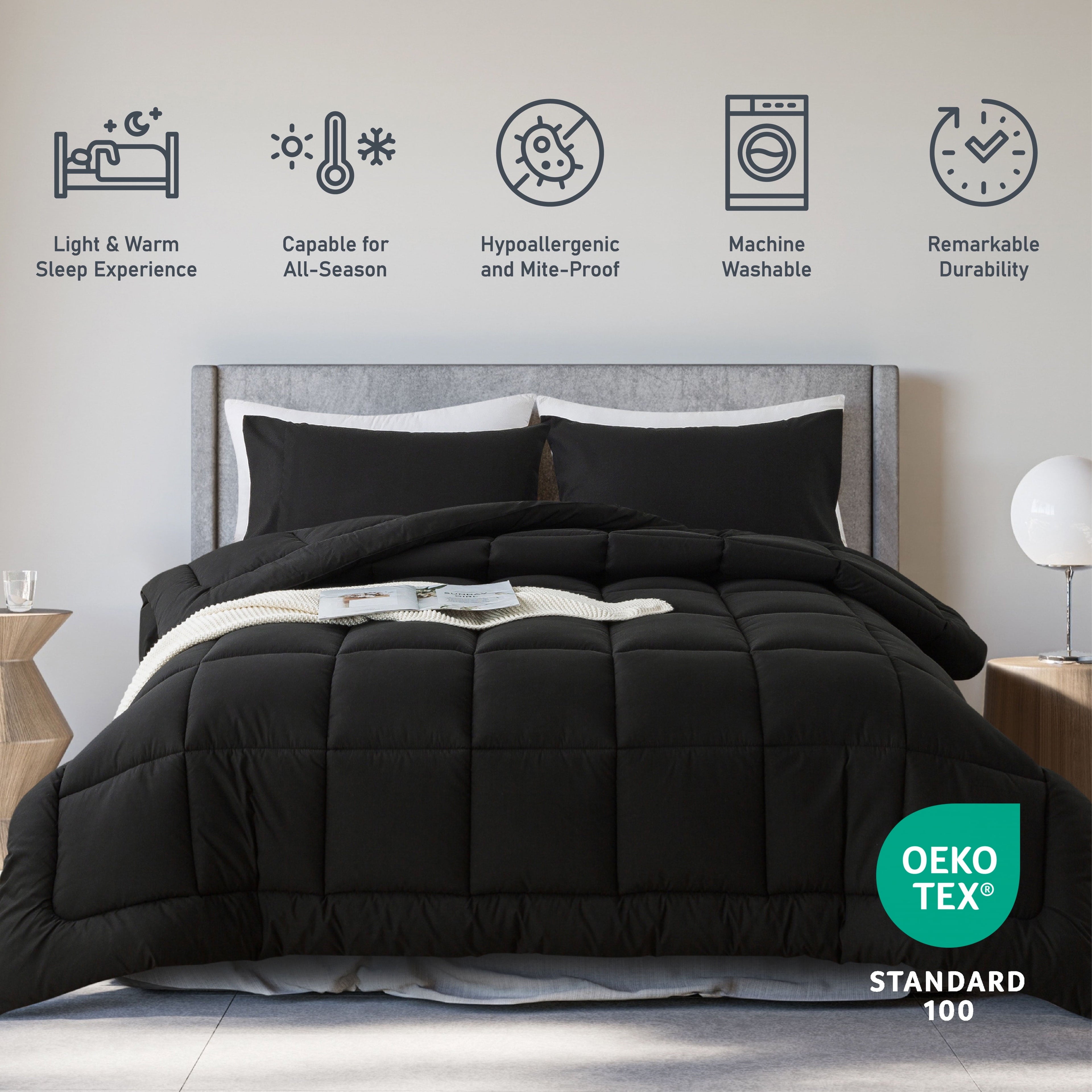 All-Season Queen Size 3-Piece All-Season Down Alternative Comforter Set Deep Black (Comforter and Pillowcase Bedding Set / bed i... - Luxurious Quilted Duvet Cover Set Detail