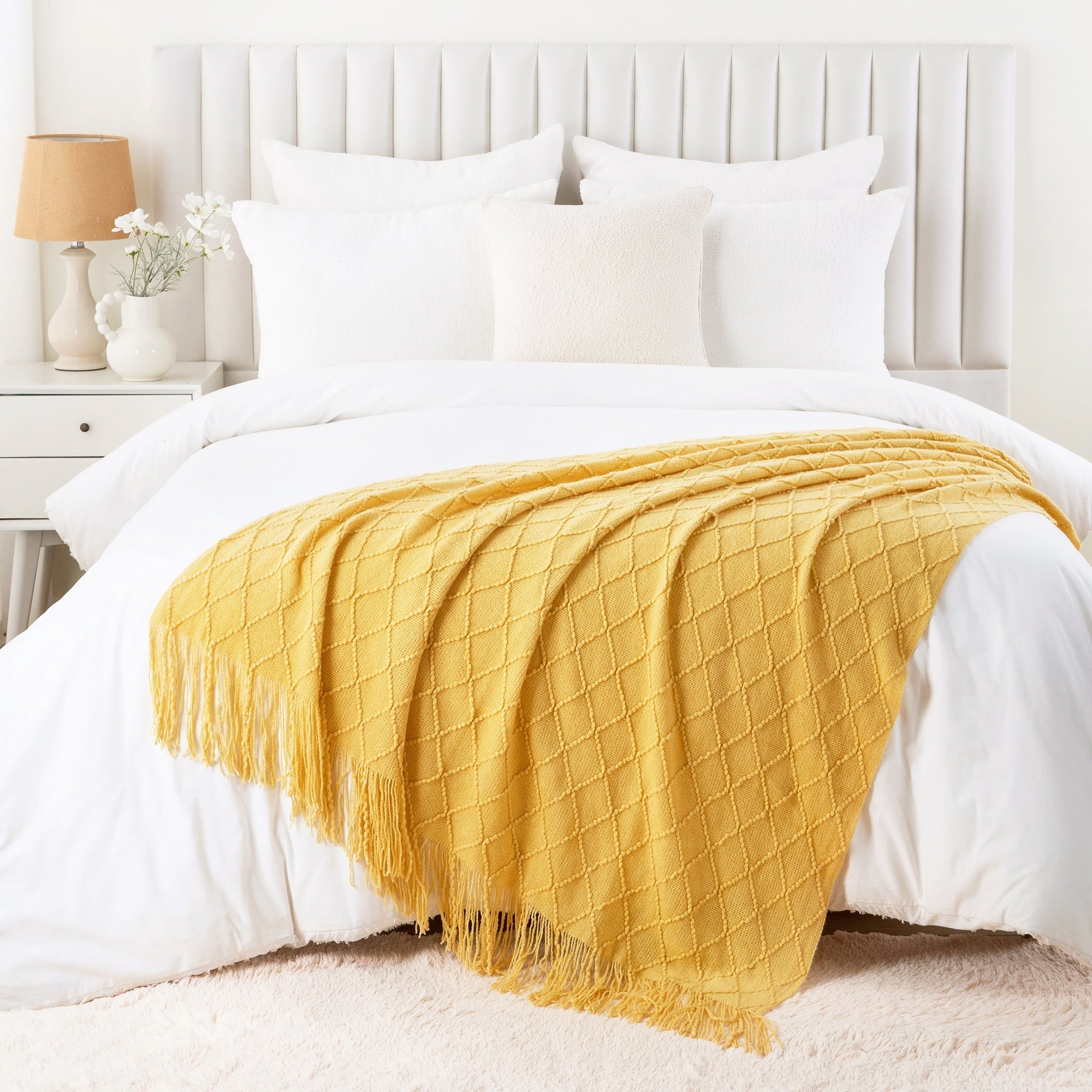 Super Soft Flannel Mustard Throw Blanket for Couch,Gold Yellow Knit Throw with Fringe,Outdoor Throw ,50"x60" - Super Soft Reversible Sherpa Flannel Blanket Detail
