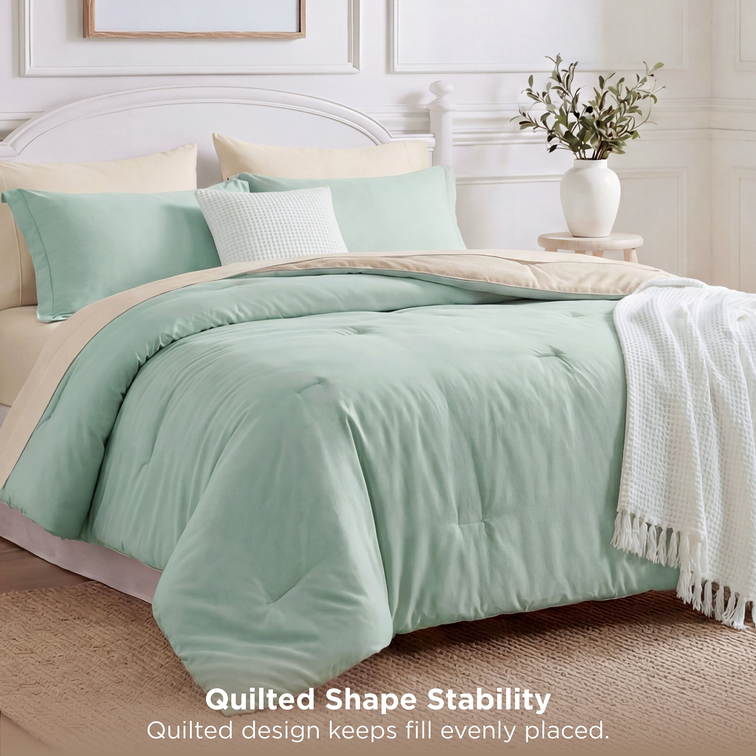 Heavyweight Warmth Queen Comforter Set Sage Green, 7 Pieces Lightweight Queen Bedding Sets, Contrasting Design - Luxurious Quilted Duvet Cover Set Detail