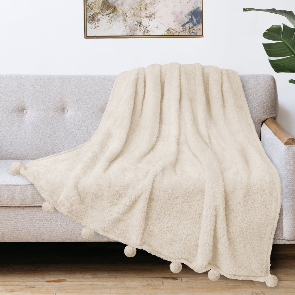 Cozy Fleece Ivory Cream Sherpa Throw Blanket with Soft Pom Pom Fringe, Plush Cozy Warm Blankets for Couch Bed Sofa, Fuzzy Fleece ... - Super Soft Reversible Sherpa Flannel Blanket Detail