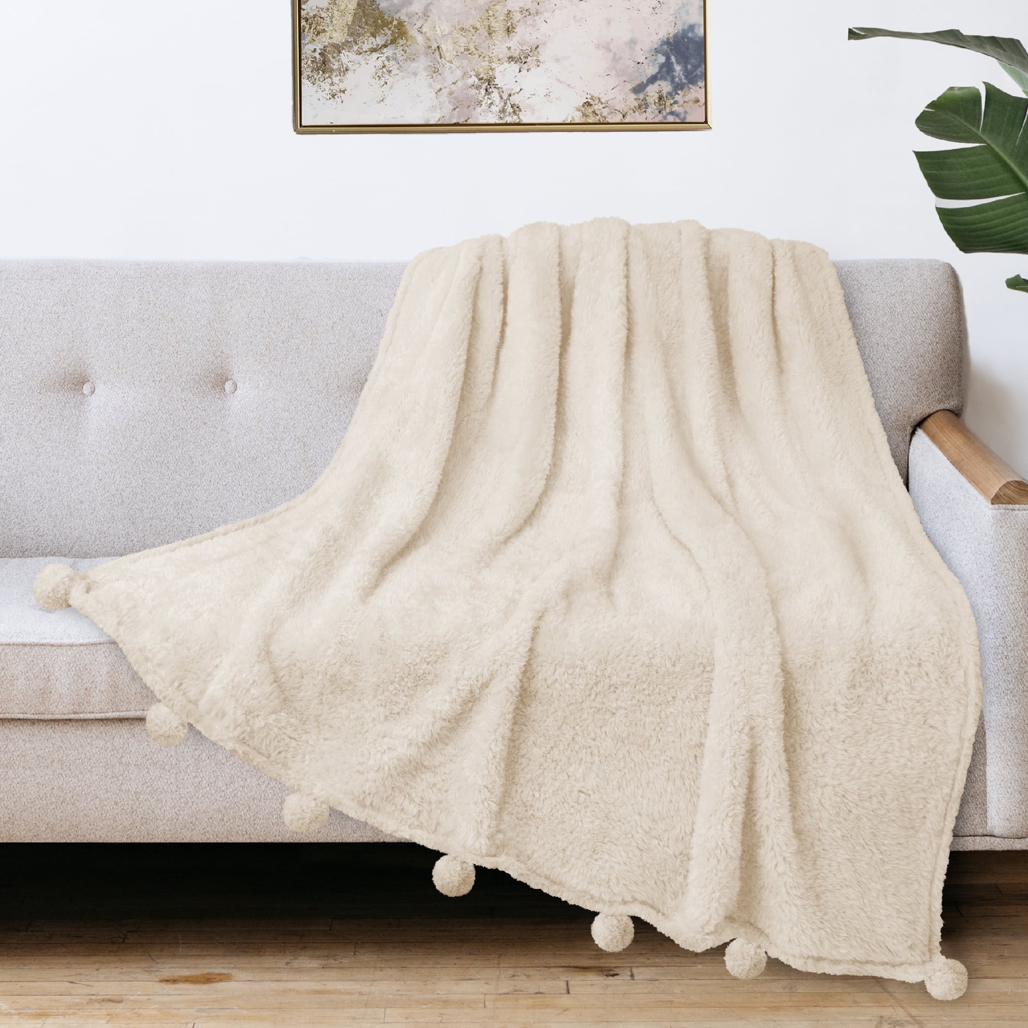 Cozy Fleece Ivory Cream Sherpa Throw Blanket with Soft Pom Pom Fringe, Plush Cozy Warm Blankets for Couch Bed Sofa, Fuzzy Fleece ... - Super Soft Reversible Sherpa Flannel Blanket Detail