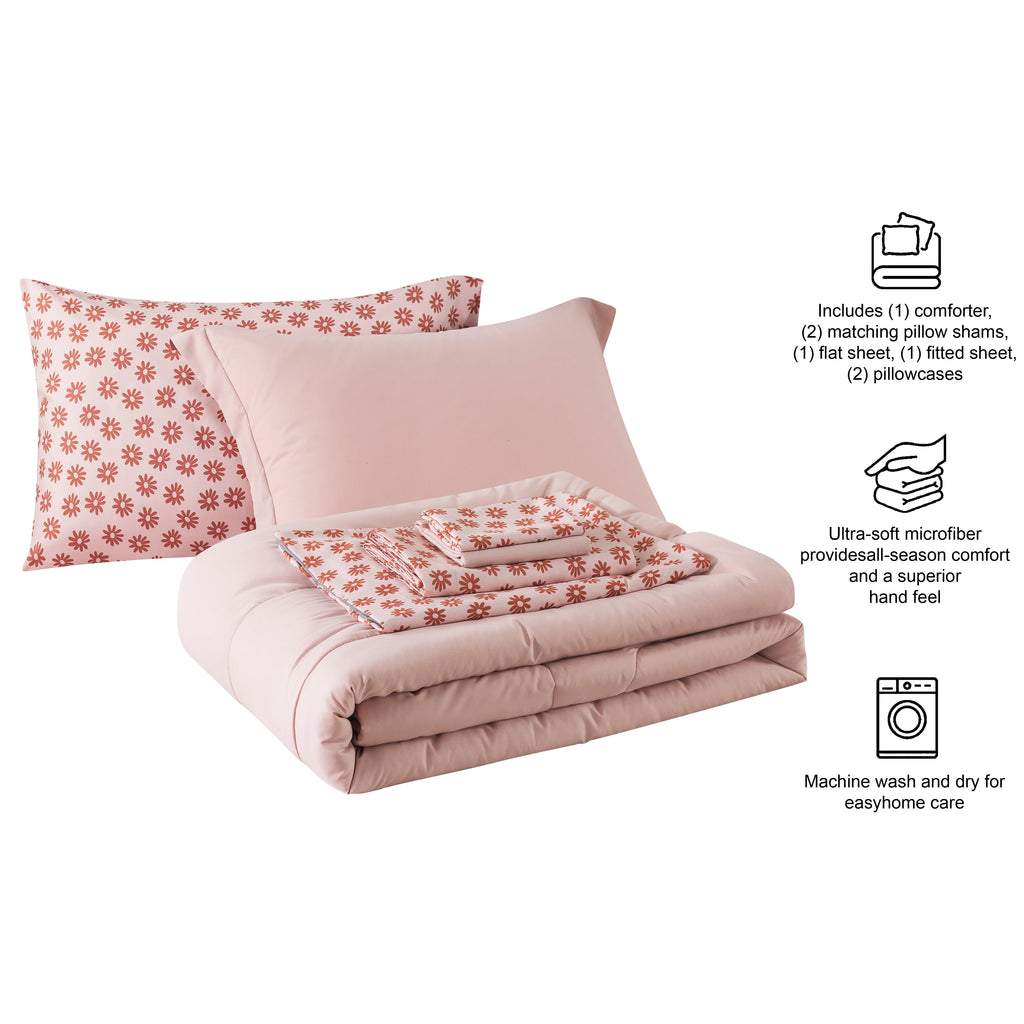 Fluffy Down Alternative 7-Piece Reversible Bed in a Bag Comforter Set with Sheets, Pink, Queen - Luxurious Quilted Duvet Cover Set Detail