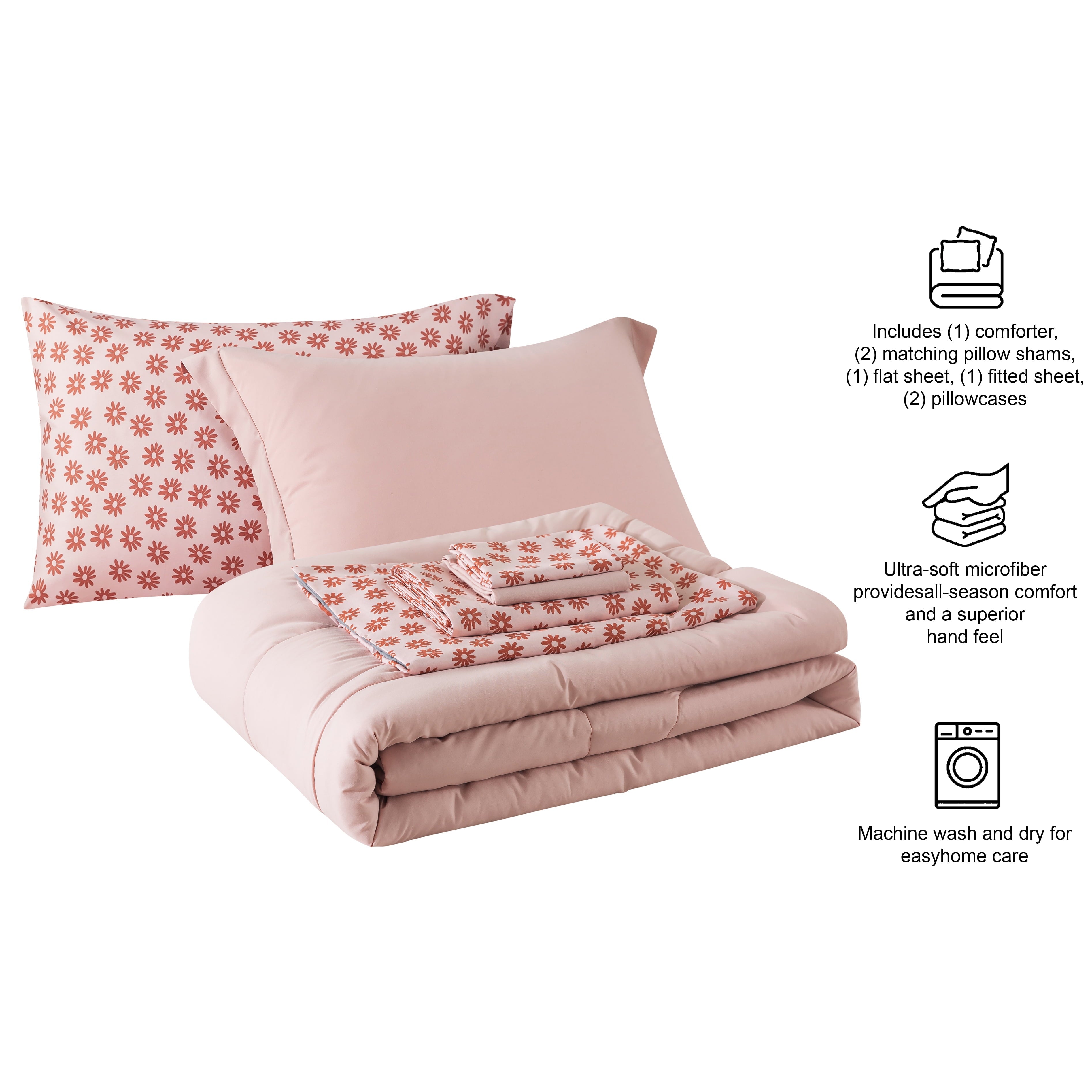 Fluffy Down Alternative 7-Piece Reversible Bed in a Bag Comforter Set with Sheets, Pink, Queen - Luxurious Quilted Duvet Cover Set Detail
