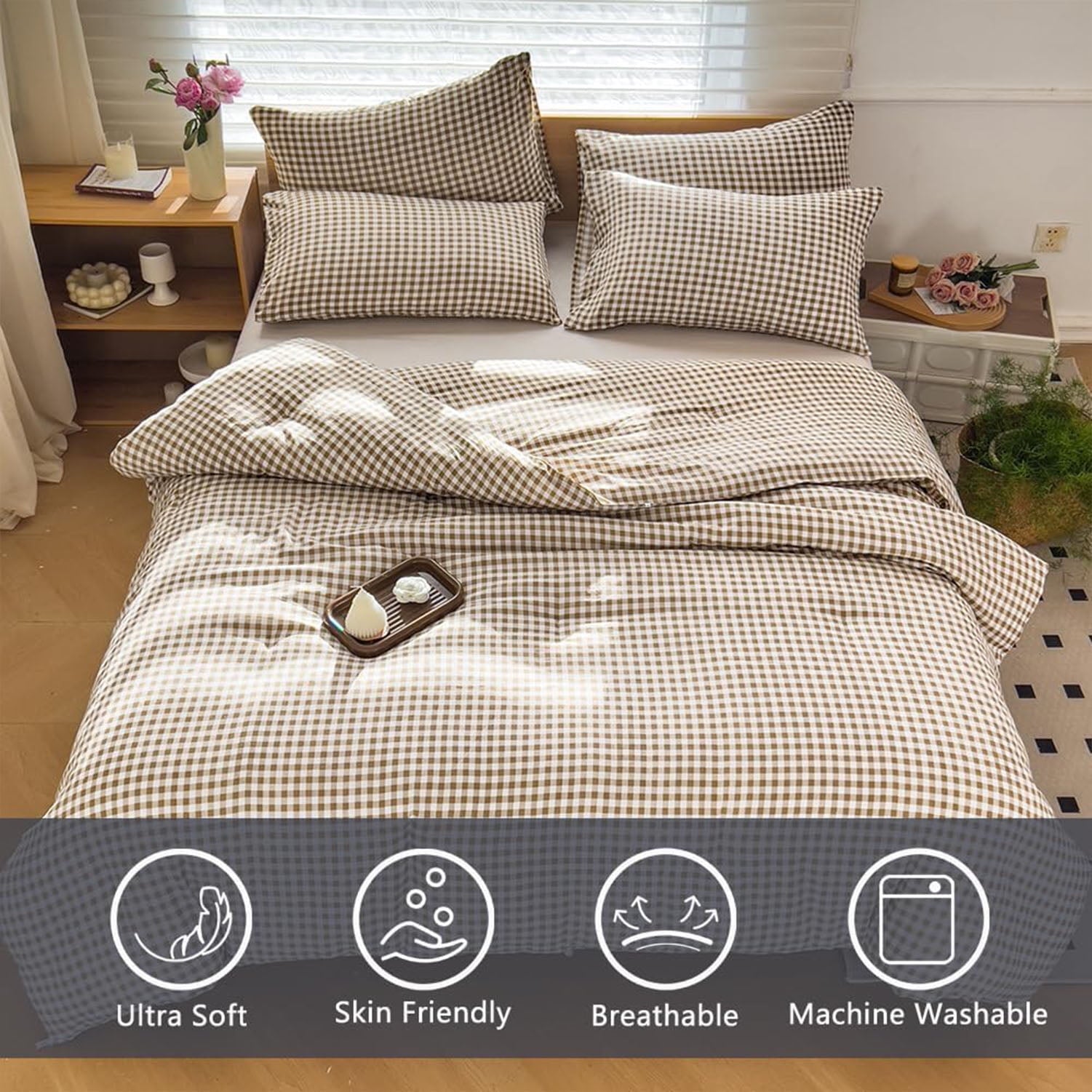 Hypoallergenic Cloud Tan Gingham Queen Comforter Set, Taupe Plaid Bedding Set, Checked Bed Comforter 3 Pieces(Tan Gingham, Queen) - All-Season Down Alternative Comforter Insert Detail