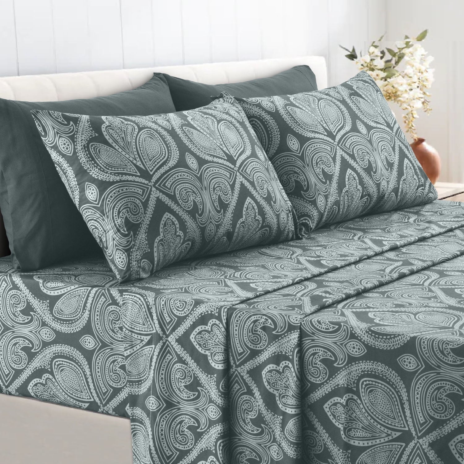 Breathable Luxury Queen Bed Sheets Set - 6 Piece Brushed Microfiber Bed Sheet - Shrinkage and Fade Resistant - (Queen, Grey) - Premium Ultra-Soft Pillowcase Pair for Sleeping Detail