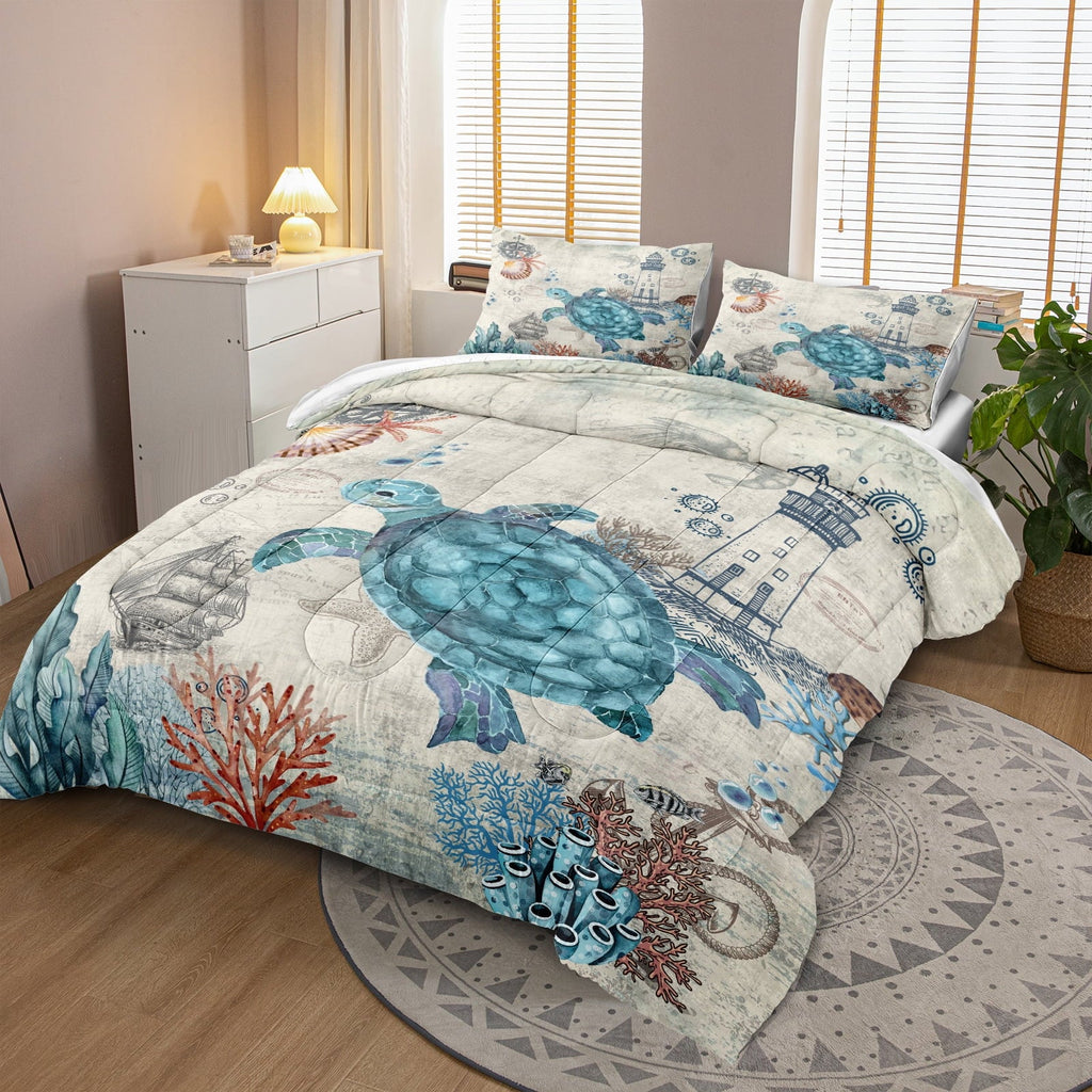 Hypoallergenic Cloud Sea Turtle Comforter Set Queen Ocean Beach Bedding Set Soft and Lightweight Retro Style Design Coastal Bedding Set - Cloud-Like Soft Lightweight Bed Comforter Detail